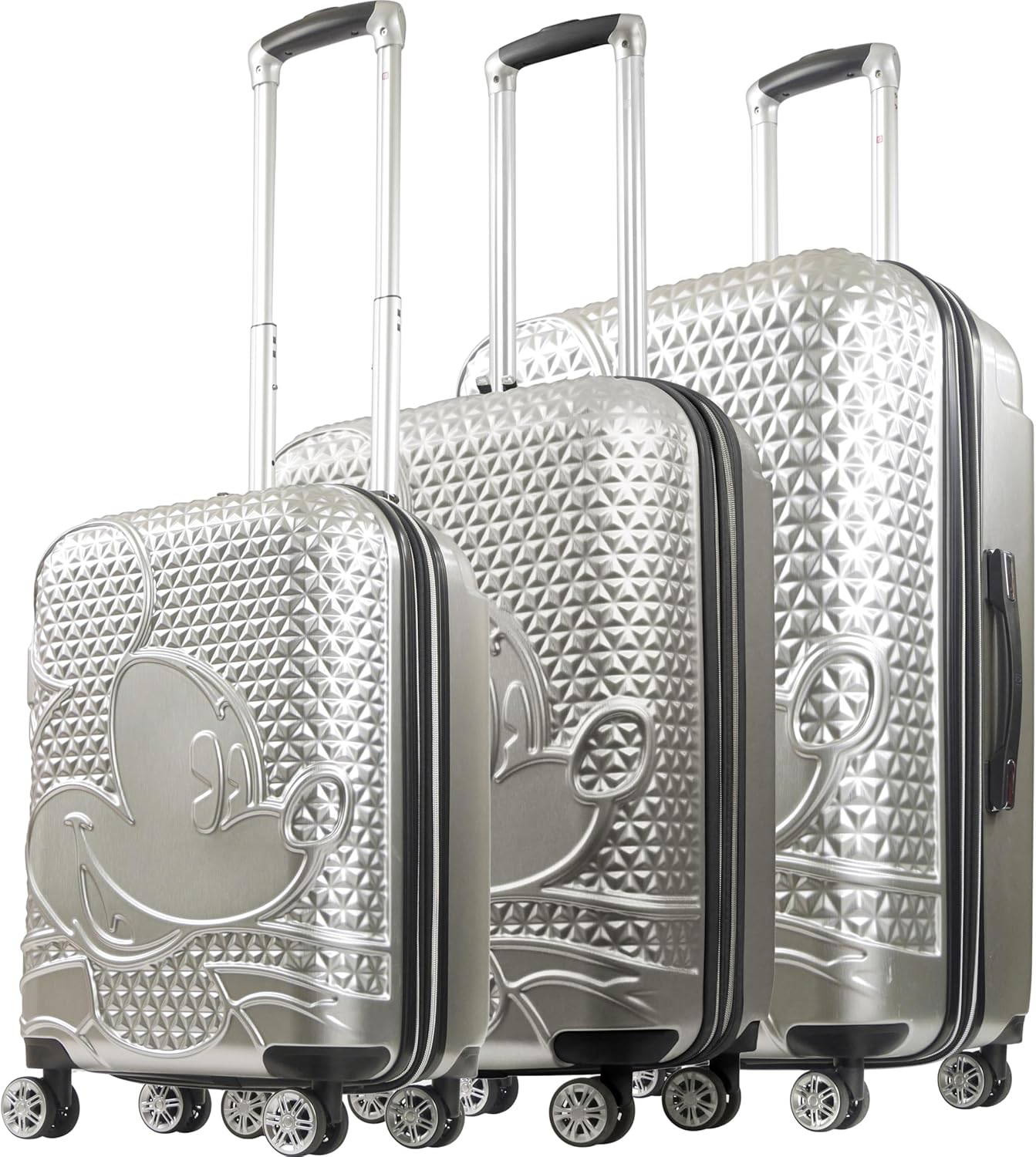 FUL Disney Mickey Mouse 3 Piece Rolling Luggage Set, Hardshell Suitcases with Spinner Wheels, 22/26/30 Inch, Silver