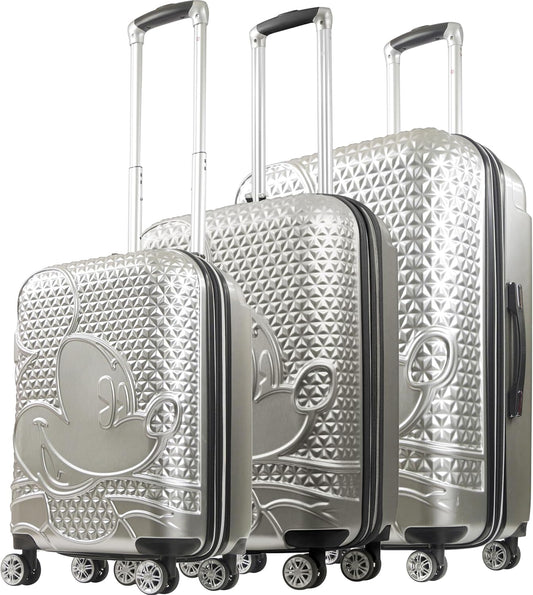 FUL Disney Mickey Mouse 3 Piece Rolling Luggage Set, Hardshell Suitcases with Spinner Wheels, 22/26/30 Inch, Silver