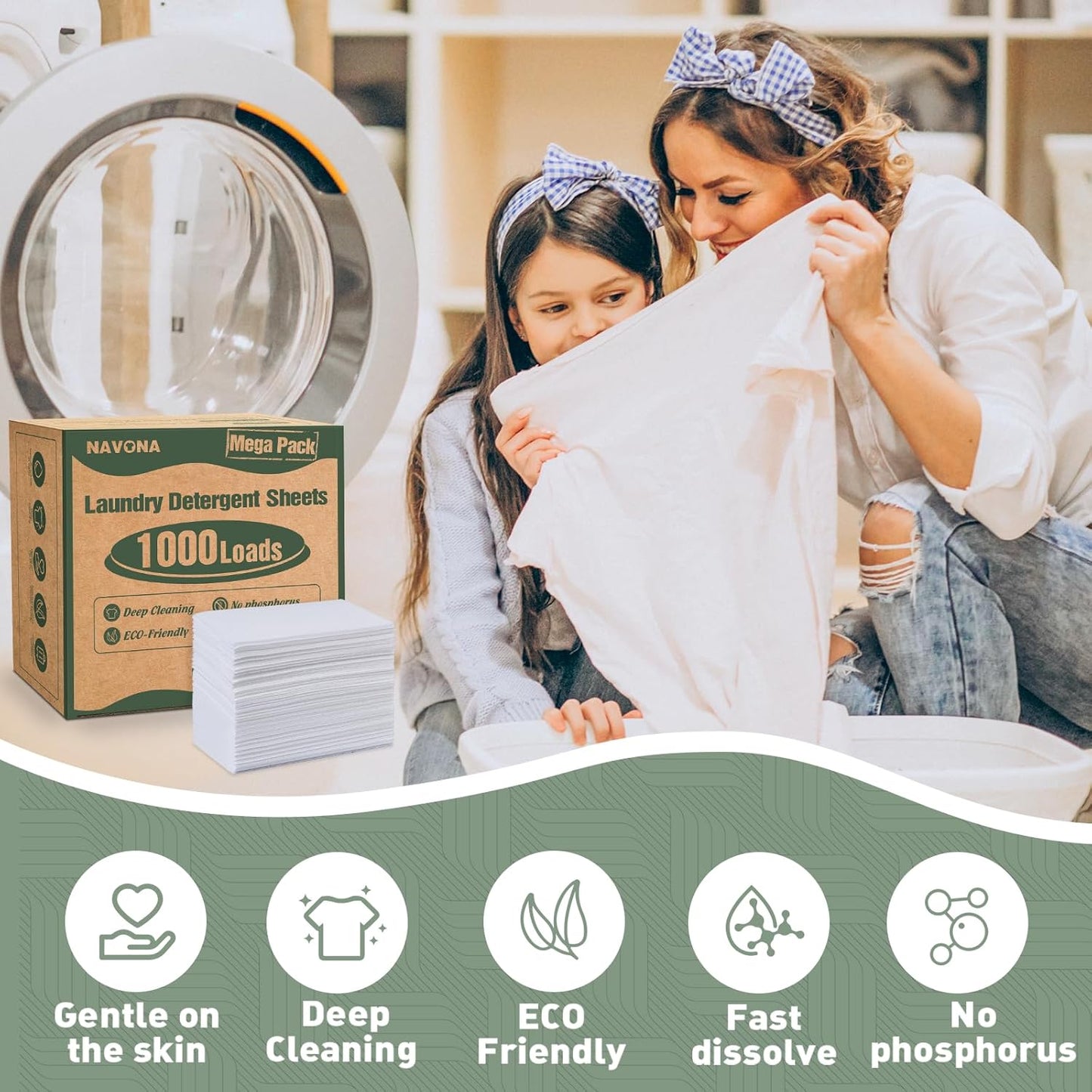 1000 Loads Mega Pack Laundry Detergent Sheets, Eco-friendly Laundry Sheets, Powerful Cleaning, Suitable for Homes, Dorms, and Apartments - [Fresh Scent]