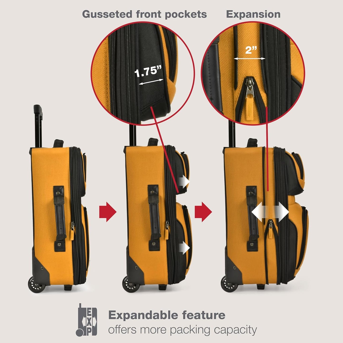 U.S. Traveler, Rio Rugged Fabric Expandable Upright Rolling Carry-on Luggage Set w/ Tote Bag, Orange, 2-Piece (21/14)