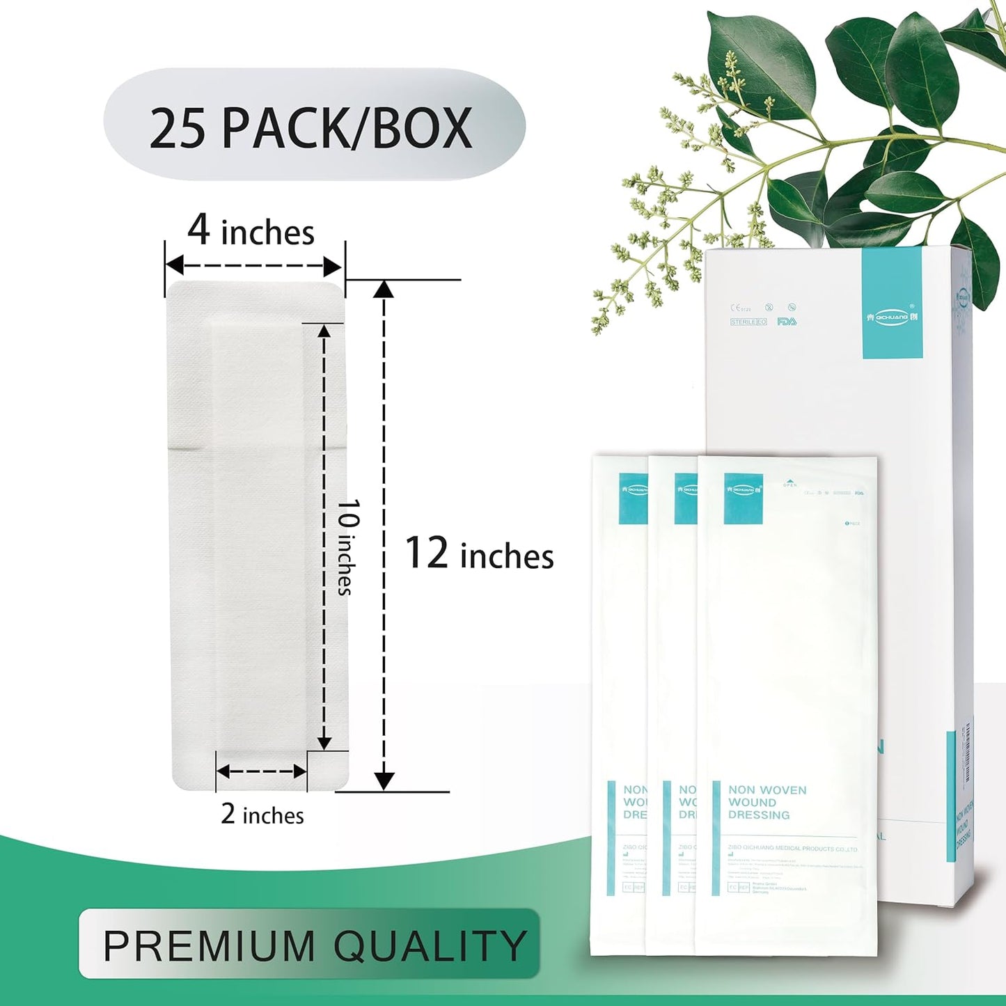 4X12 Inches Extra Large Sterile Adhesive Island Wound Dressing Bandages - Non Woven Bordered Gauze Pads, 25 Individually Pack,Medical Grade by QICHUANG(4X12INCHES-C25)