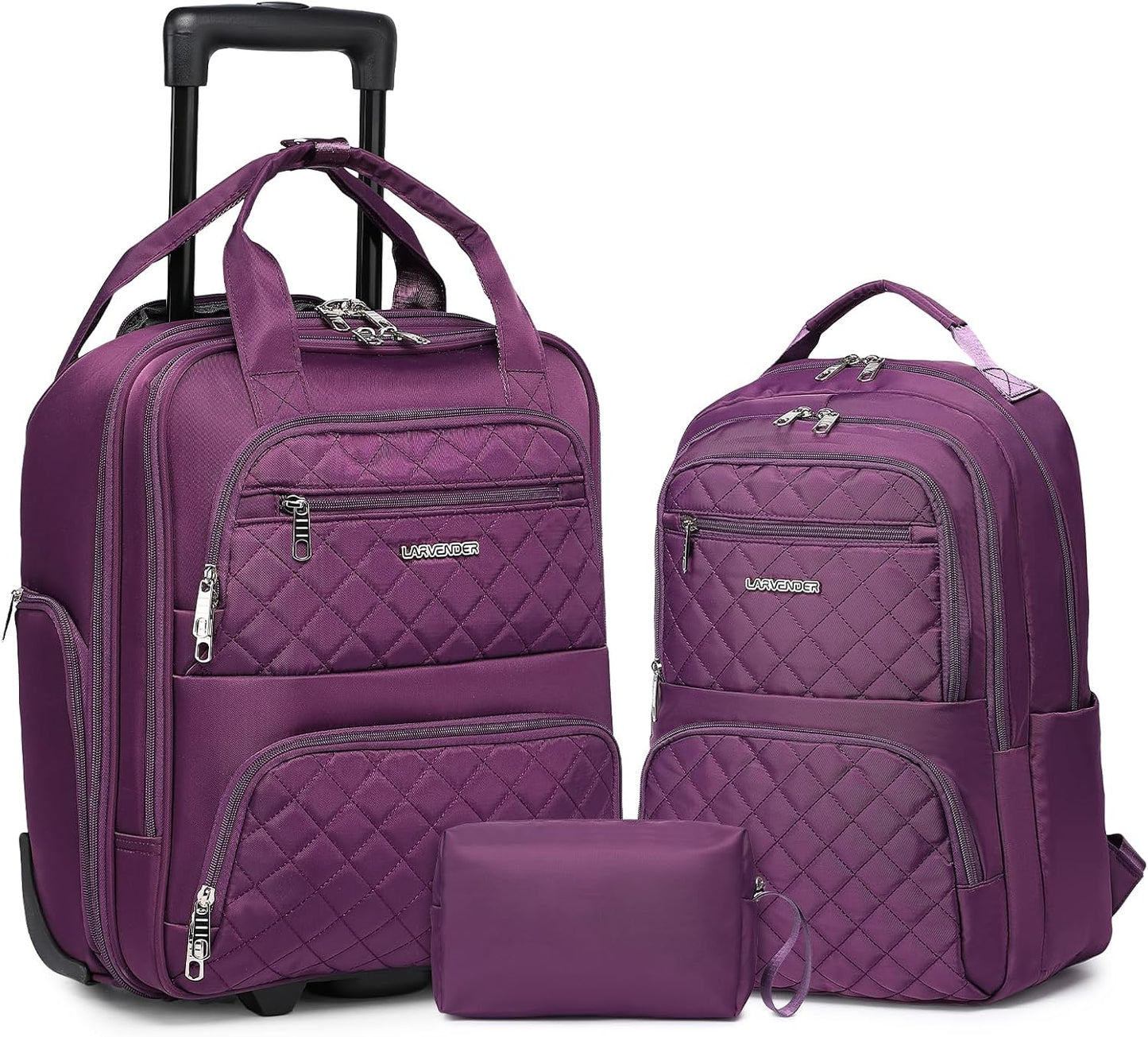 LARVENDER Underseat Carry On Luggage with Wheels Softside 16-inch Underseater Luggage Lightweight Overnight Suitcase for Men Women, Purple, 3 Piece (16/BP/TB)