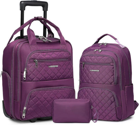 LARVENDER Underseat Carry On Luggage with Wheels Softside 16-inch Underseater Luggage Lightweight Overnight Suitcase for Men Women, Purple, 3 Piece (16/BP/TB)
