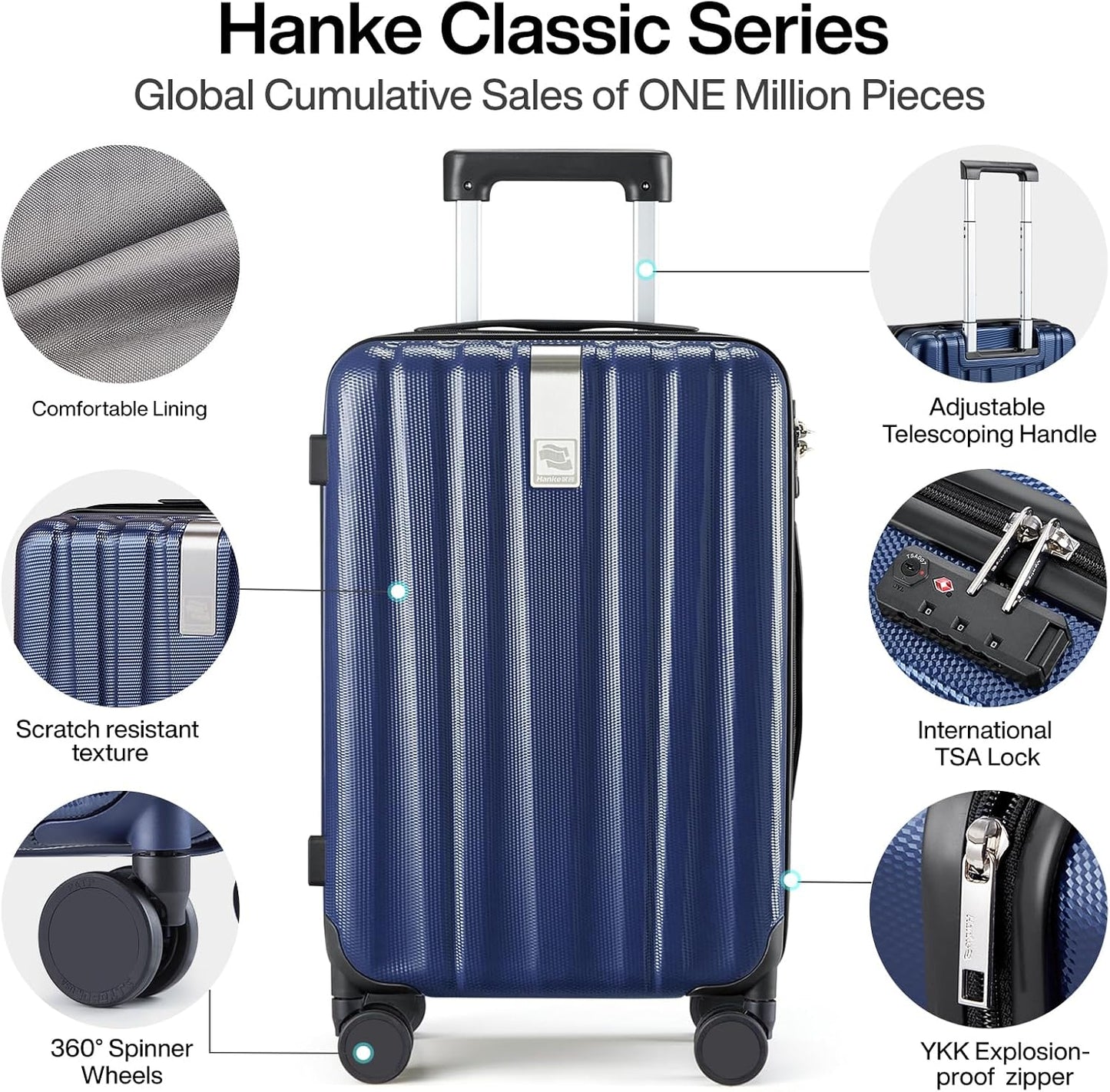 Hanke 20 Inch Carry On Luggage 22x14x9 Airline Approved Lightweight PC Hard Shell Suitcases with Wheels Travel Luggage Rolling Suitcase Travel Luggage Bag for Weekender(Dark Blue)
