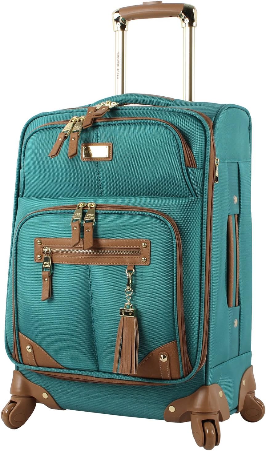 Steve Madden Designer-Gepckkollektion Leichter Softside-Koffer fr Damen und Herren strapazierfhige 50,8 cm groe Tragetasche mit 4 rollenden Spinner-Rdern, Harlo Teal Blue, 20in, Carry on Bag With
