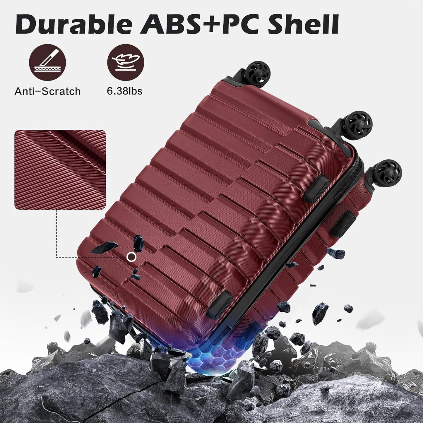 Coolife Carry On Luggage Airline Approved with Wheels Hard Shell Suitcase Spinner TSA Lock Telescopic Handle 20in-Wine Red