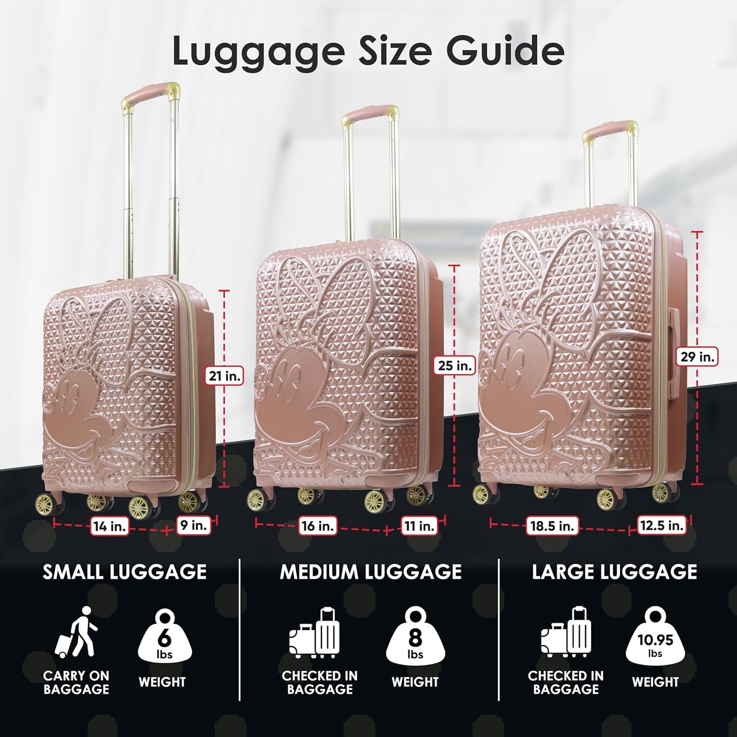 FUL Disney Rolling Luggage, Textured Hardshell Suitcase with Wheels, Minnie Mouse-Rose Gold, 3 Piece Set