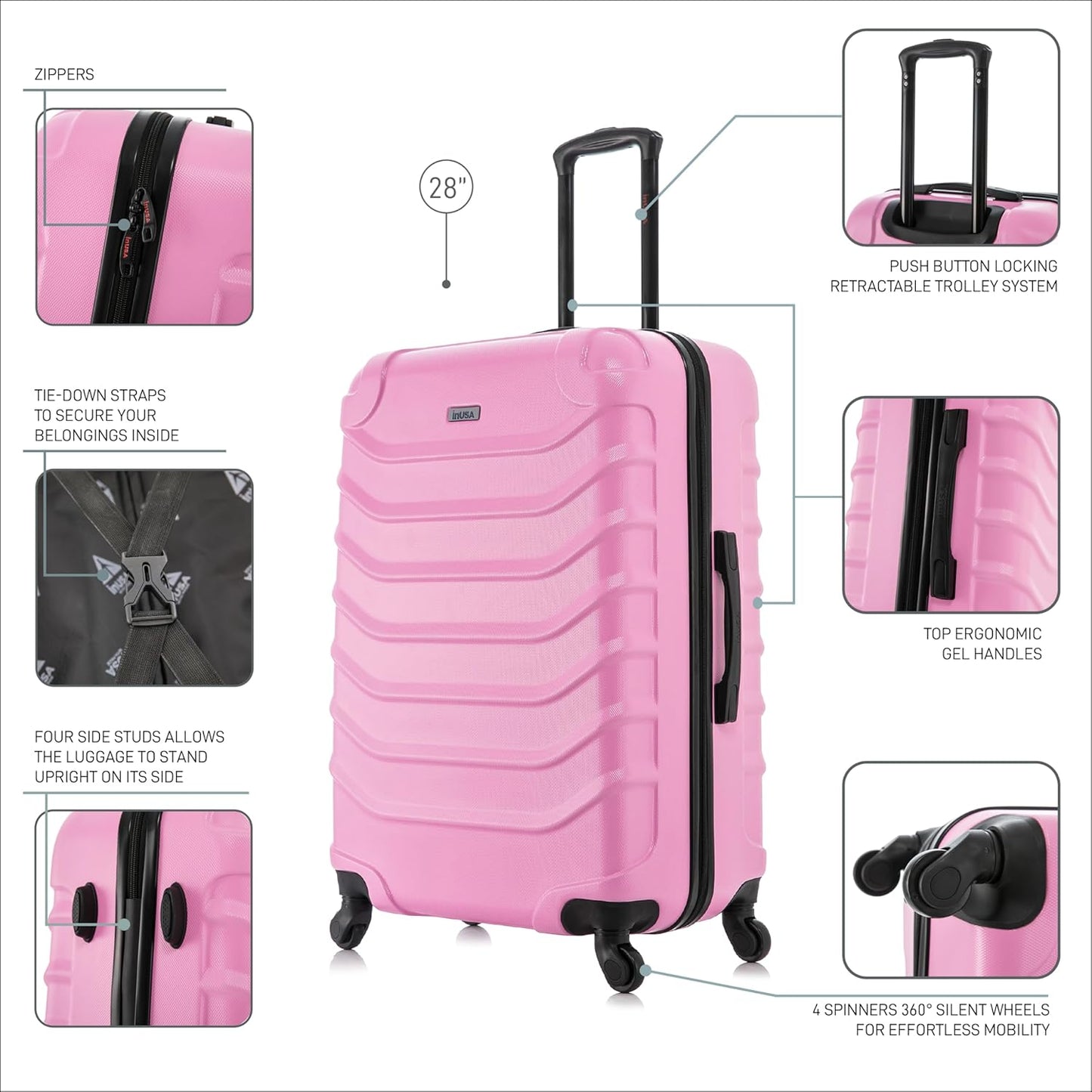 InUSA ENDURANCE Luggage with Spinner Wheels | Durable Lightweight Hardside Suitcase, Spacious Travel Bag with Handle and Trolley | 28-Inch Large Checked Luggage | Pink
