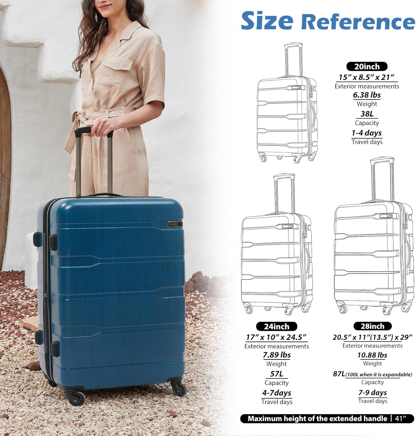 Coolife Luggage PC+ABS Hardshell Suitcase with TSA Lock, Spinner Carry On Lightweight (Caribbean Blue, 20in)