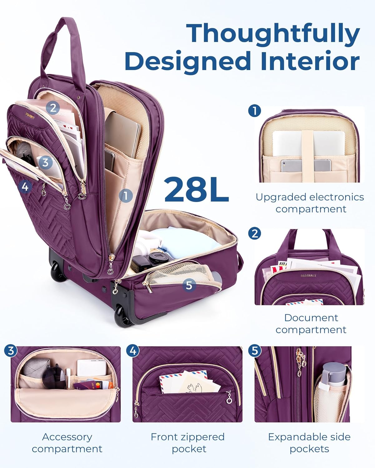 BAGSMART Underseat Carry On Luggage Airline approved,16-inch Underseater Softside Travel Suitcase with Wheels Lightweight Overnight Rolling Carry-on Luggage for Women Men Weekender, Purple