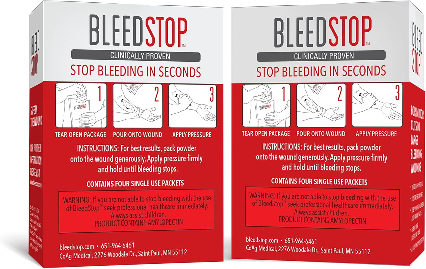 BleedStop™ First Aid Powder for Blood Clotting, Trauma Kit, Blood Thinner Patients, Camping Safety, and Survival Equipment for Moderate to Severe Bleeding Wounds or Nosebleeds (Double 4 Pack 15g)