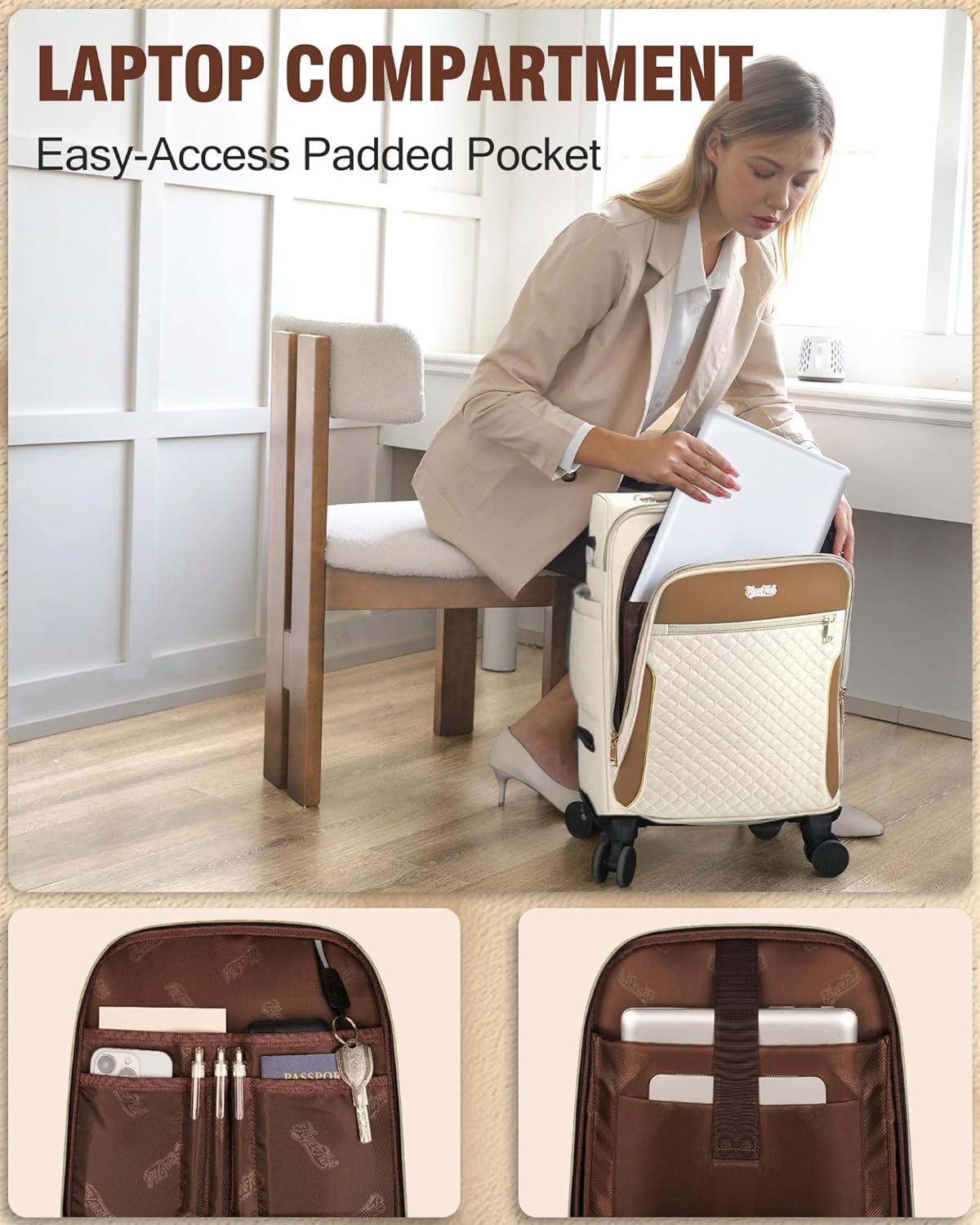 Carry On Luggage 22x14x9 Airline Approved, 20 Inch Softside Suitcase with 4 Pcs, Lightweight Luggage for Women with TSA Lock and 4 Spinner Wheels, Soft Side Carry-on Suitcases for Travel, Beige