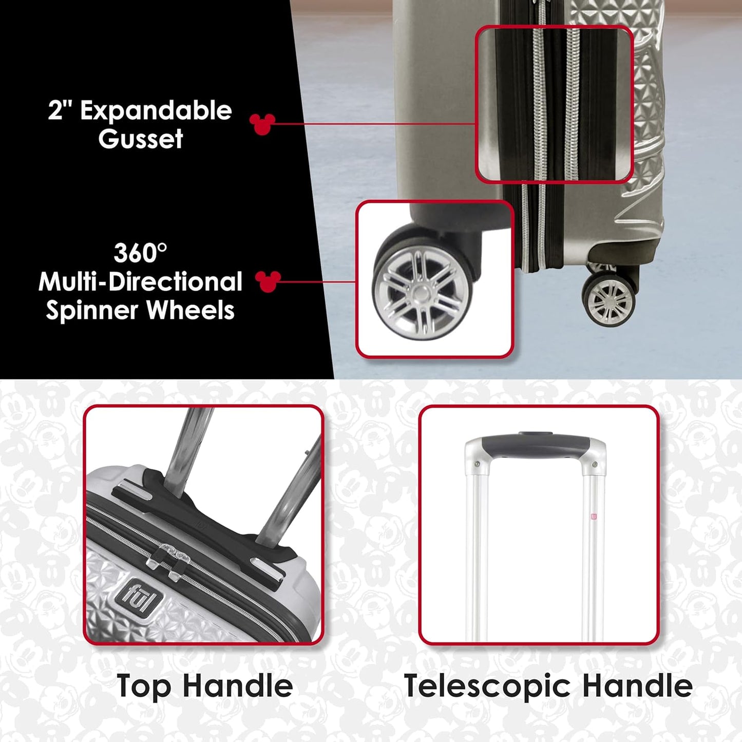 FUL Disney 26 Inch Rolling Luggage, Hardshell Suitcase with Spinner Wheels, Mickey Mouse-Silver
