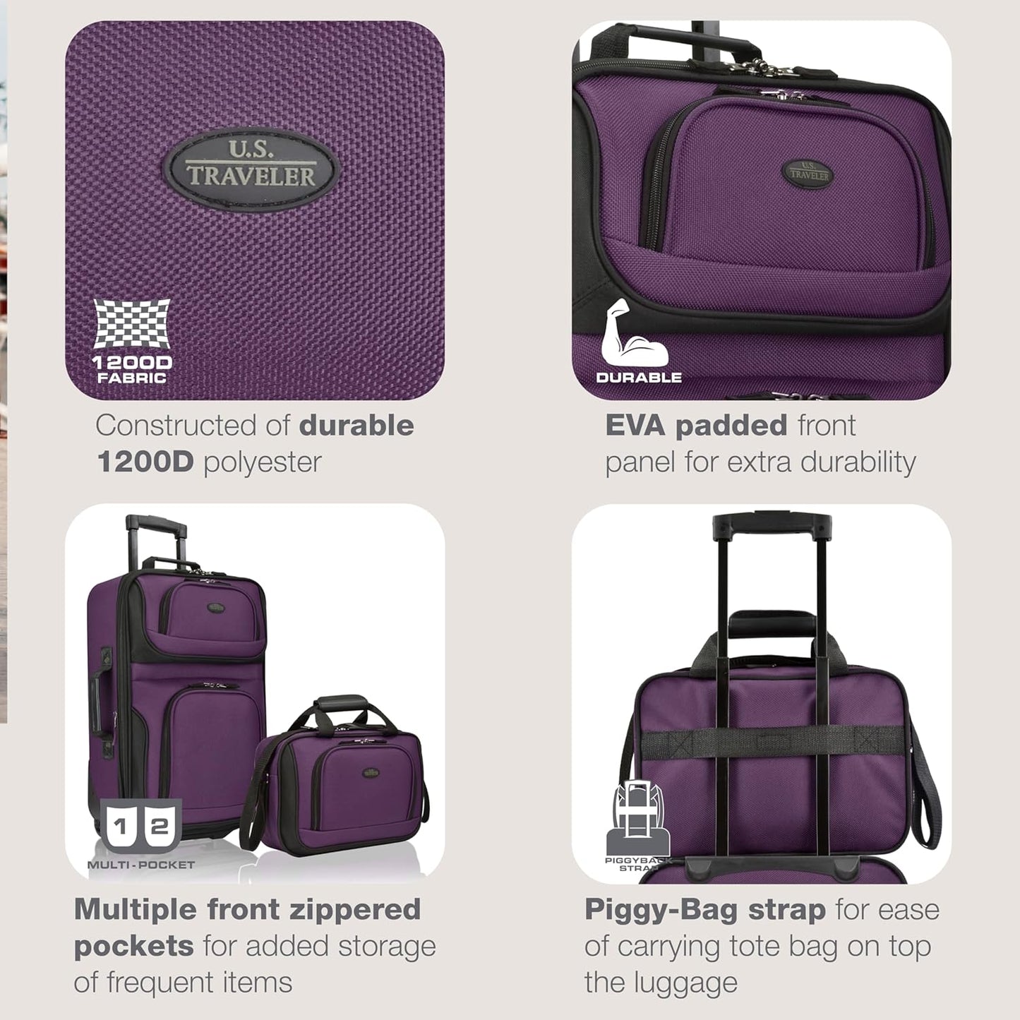 U.S. Traveler, Rio Rugged Fabric Expandable Upright Rolling Carry-on Luggage Set w/ Tote Bag, Purple, 2-Piece (21/14)