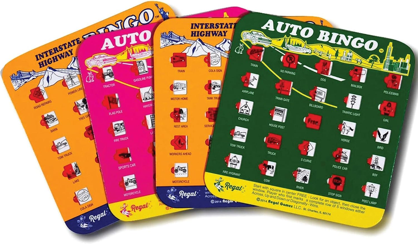 Regal Games Finger-Tip Shutter Bingo Cards with Sliding Windows - Interstate Bingo & Auto Bingo Game - Assorted Colors Travel Bingo Game Set Kids - Reusable, No Chips & Daubers Needed - 4 Packs