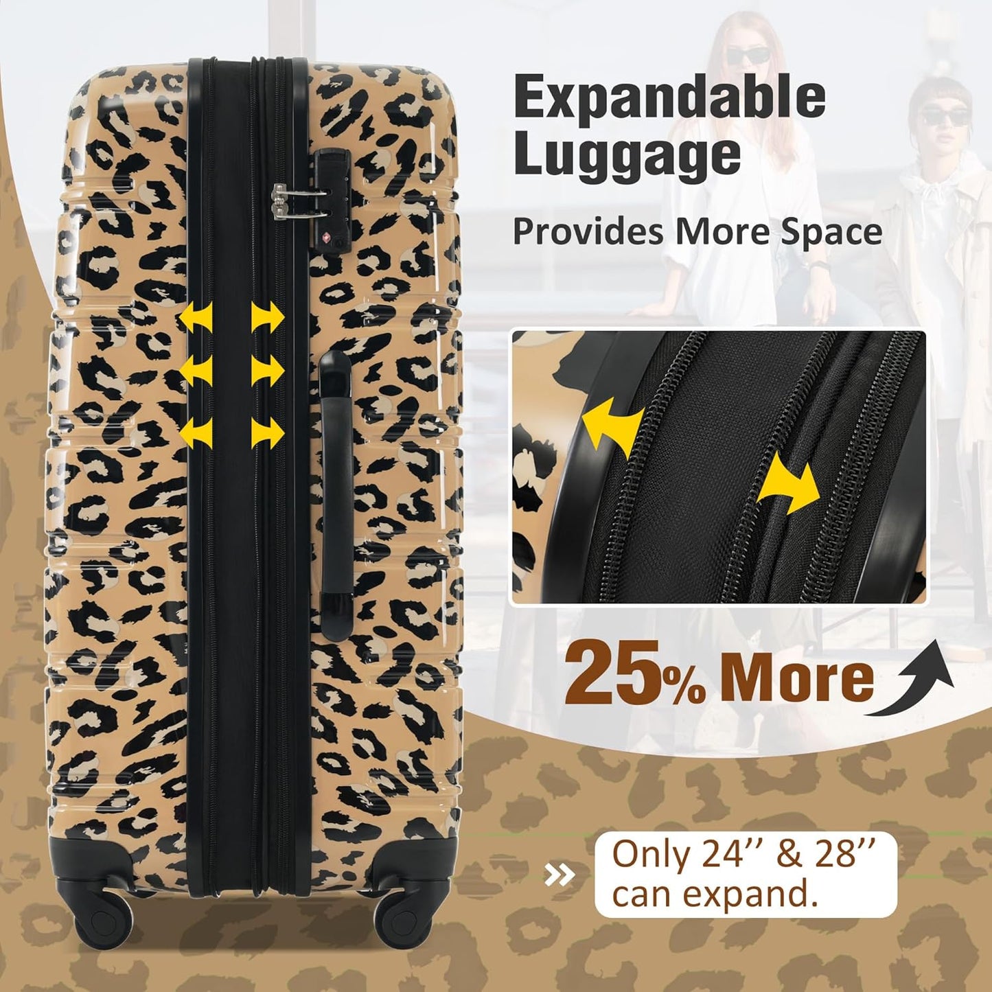 Merax Luggage Sets 3 Piece, Hardside Expandable Suitcase Set with Spinner Wheels, Lightweight Leopard Luggage 20+24+28 IN,Leopard Brown