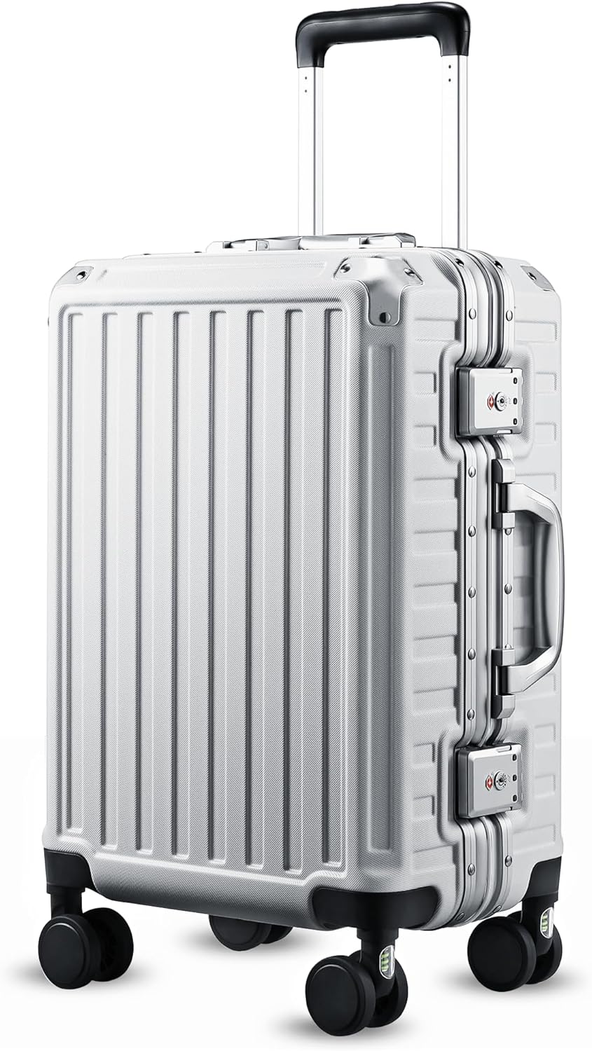 Carry On Luggage with Spinner Wheels, 8010S Aluminum Frame Zipperless Polycarbonate Hard Shell Suitcase (ZX-Core, Silver, 20 Inch)