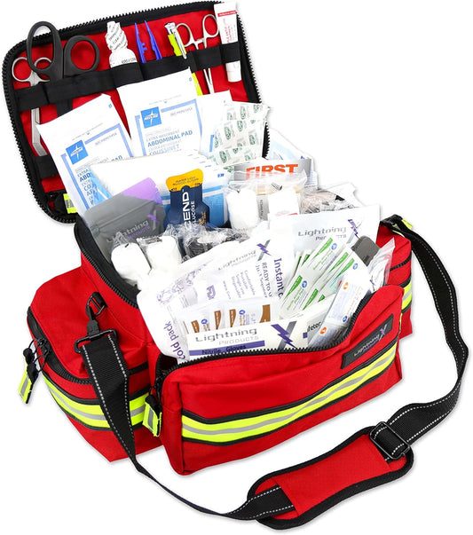 Lightning X Products Lightning X Mid-Sized First Responder EMT Bag | LXMB25 Fully Stocked Aid Kit w/ 200+ BLS Supplies - RED