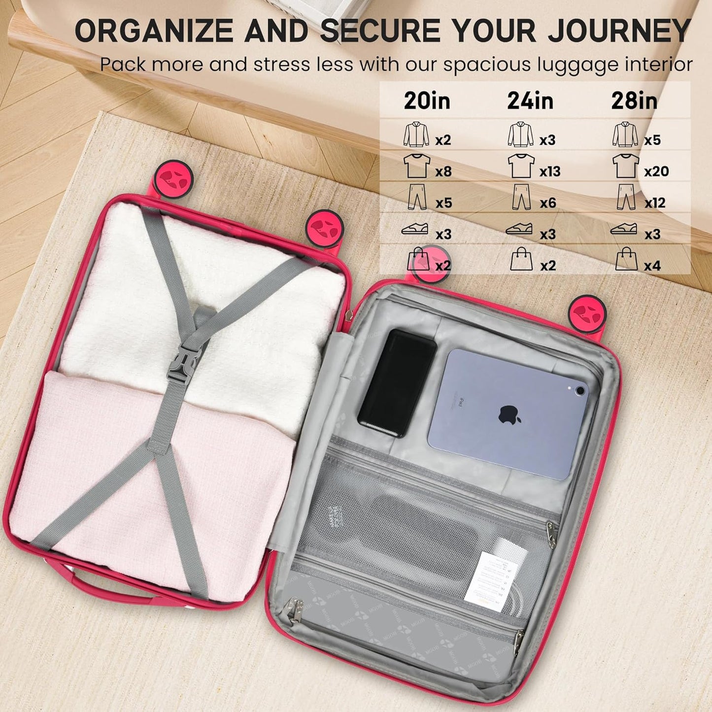 MGB Luggage Sets 3 Piece with Spinner Wheel, Lightweight Suitcase Set with TSA Lock, Travel Luggage for Men and Women, Amaranth Red (20+24+28 inch)