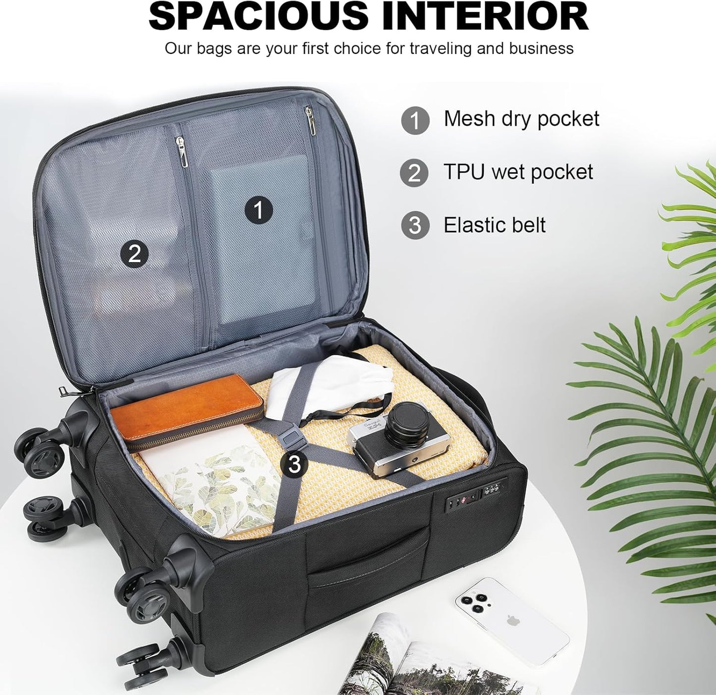 KROSER Softside Expandable Carry On Luggage with Spinner Wheels & Built-in TSA Lock, Durable Suitcase Rolling Luggage with USB Port, Carry-On 20-Inch, Black