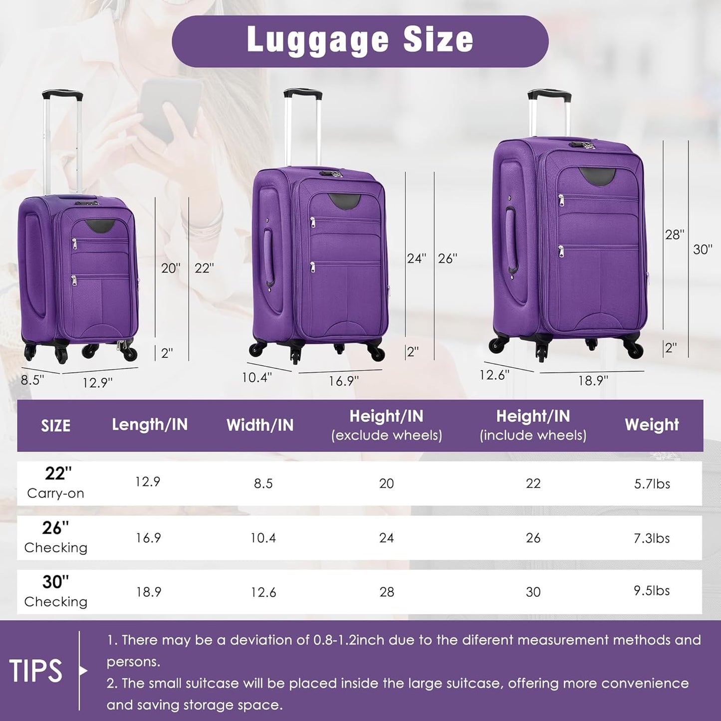 Merax Softside Luggage Set Softshell Lightweight 3 Piece Spinner Suitcase with Duffel Bag Expandable Upright Travel Luggage 22" 26" 30",Purple