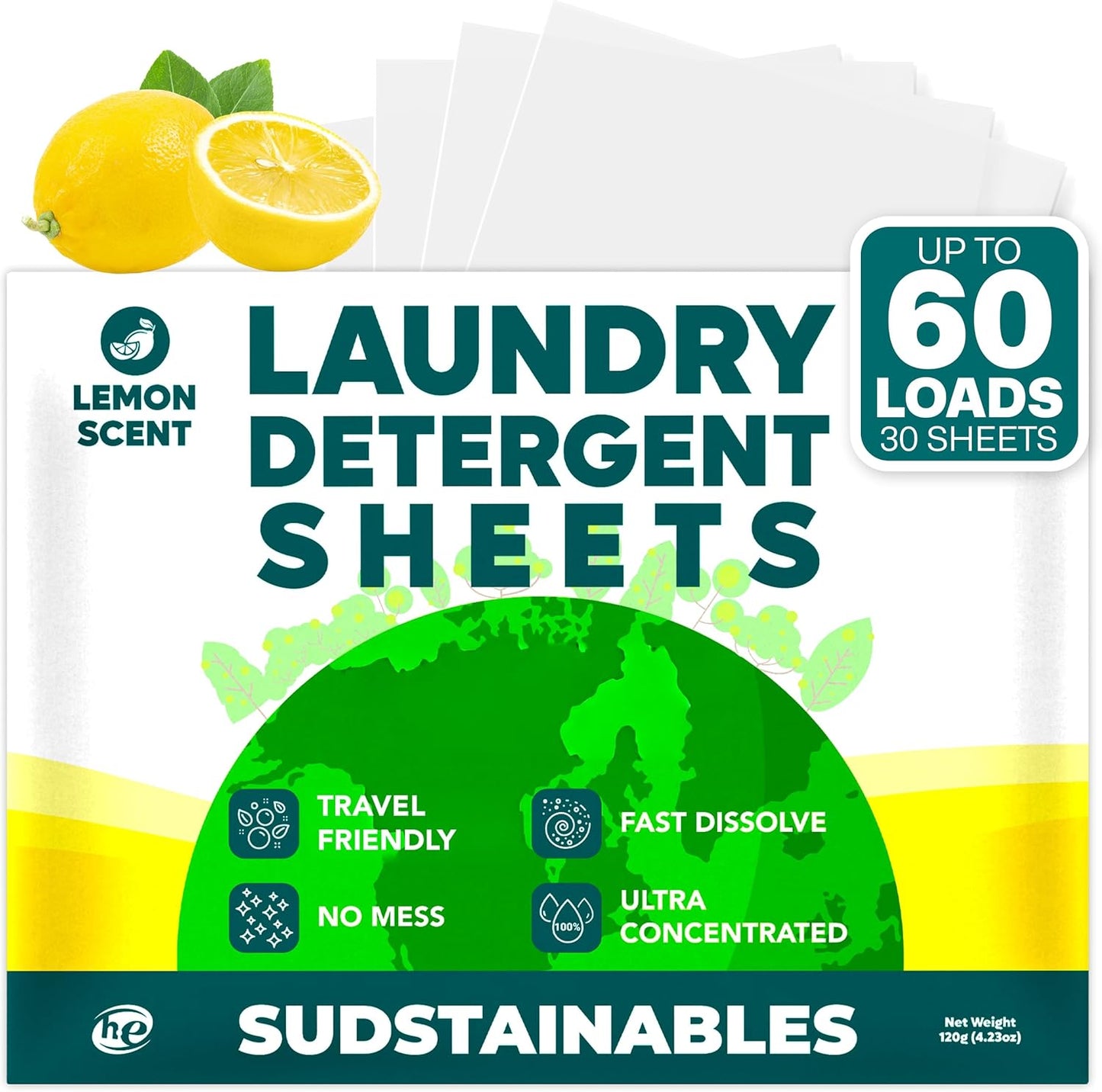 Sudstainables Laundry Detergent Sheets 60 Loads – Dissolvable Laundry Sheet for Washing Machines, Compact Alternative to Liquid & Powder Detergent, Travel-Friendly Soap | Lemon