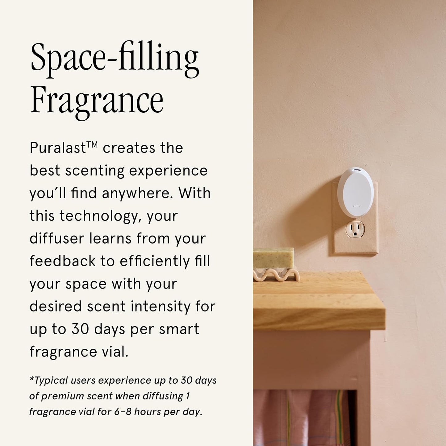 Pura Mini Smart Fragrance Diffuser for Small Spaces Adjustable Smart Home Device with LED Light & Automatic Vial Detection - Includes 1 Scent Refill; White Tea no.1