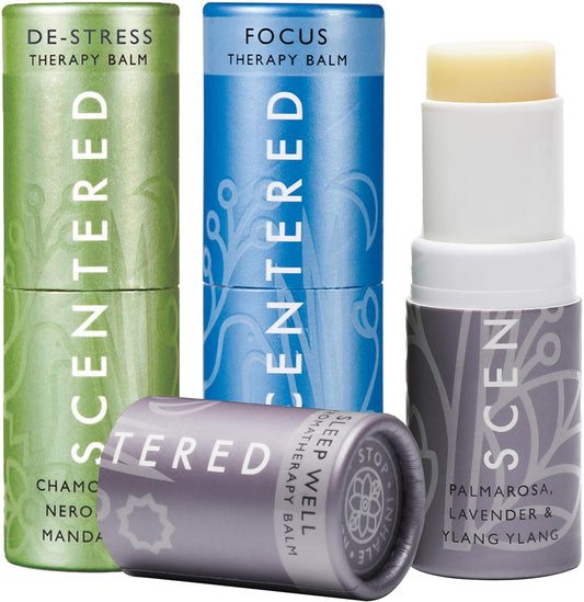 Scentered Aromatherapy Balm Gift Set - Calm & Confident - Pack of 3 Balms: Sleep Well, De-Stress, Focus - Rosemary, Cedarwood, Lavender Essential Oils - Aromatherapy Gifts for Women