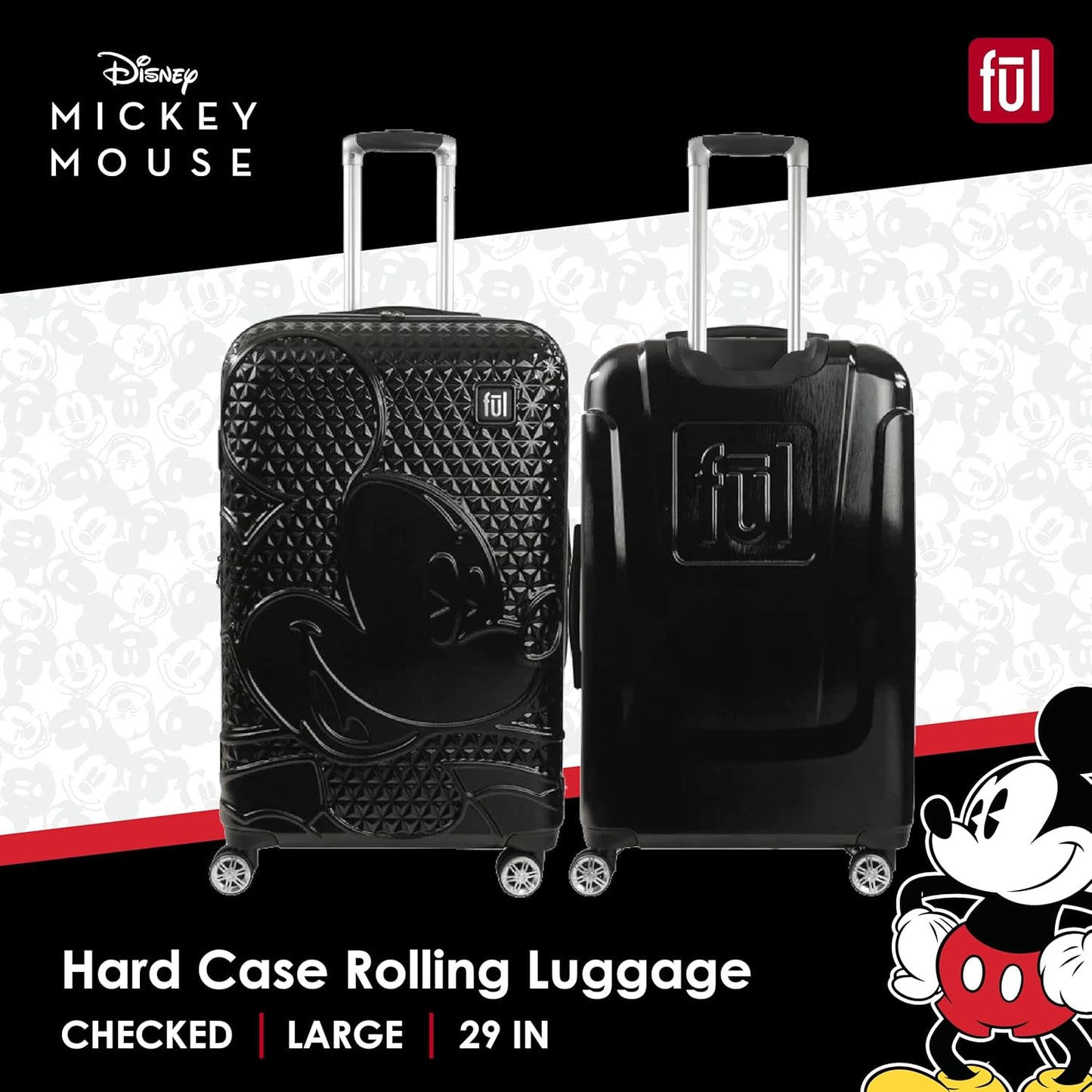 FUL Disney Mickey Mouse 29 Inch Rolling Luggage, Hardshell Suitcase with Spinner Wheels, Black
