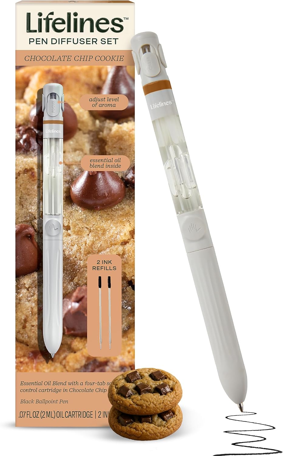 Lifelines Pen Diffuser Set, Chocolate Chip Cookie - 1mm Black Ballpoint Pen with Scented Essential Oil Blend & 2 Ink Refills – Aromatherapy Diffuser & Sensory Immersion Diffuse Aroma As You Write