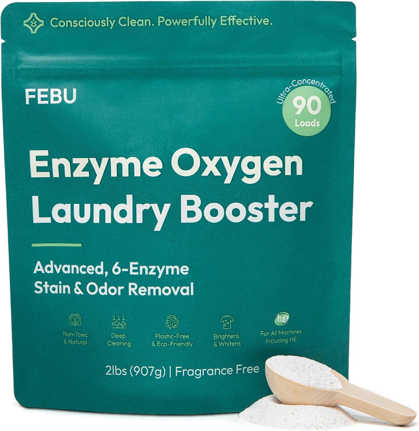 FEBU Enzyme Oxygen Laundry Booster, Odor Eliminator & Stain Remover | Advanced 6-Enzyme Formula for Sweat, Pet & Musty Odors | Plant-Based, Safe, Plastic-Free Powder, USA-Made | Fragrance Free, 2lbs