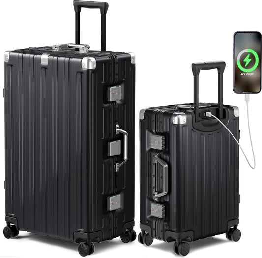 Krute Luggage Sets 2 Pieces Aluminum Frame Suitcase With Spinner Wheels 20 28 Inch Hardside No Zipper PC Luggages with USB Charger