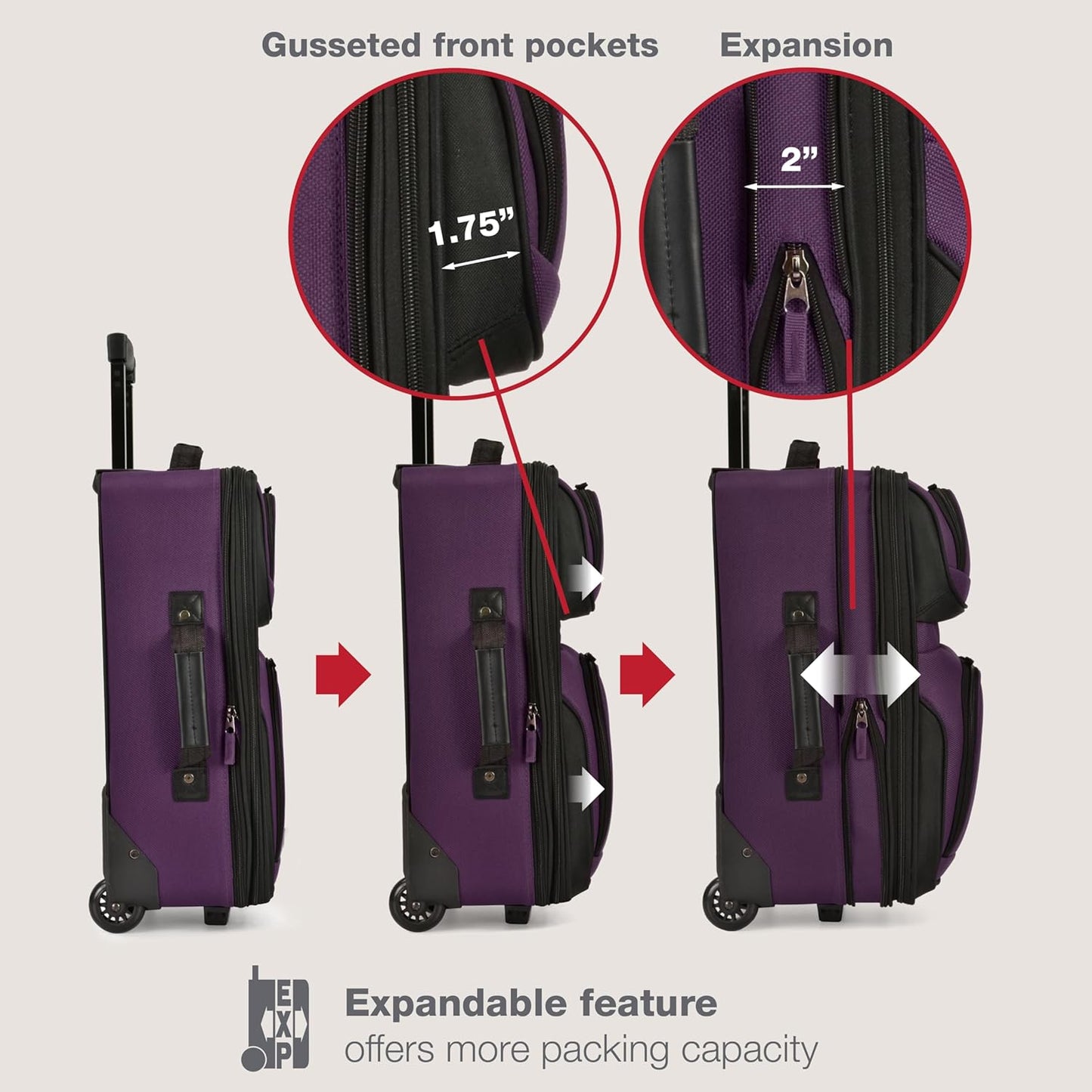 U.S. Traveler, Rio Rugged Fabric Expandable Upright Rolling Carry-on Luggage Set w/ Tote Bag, Purple, 2-Piece (21/14)