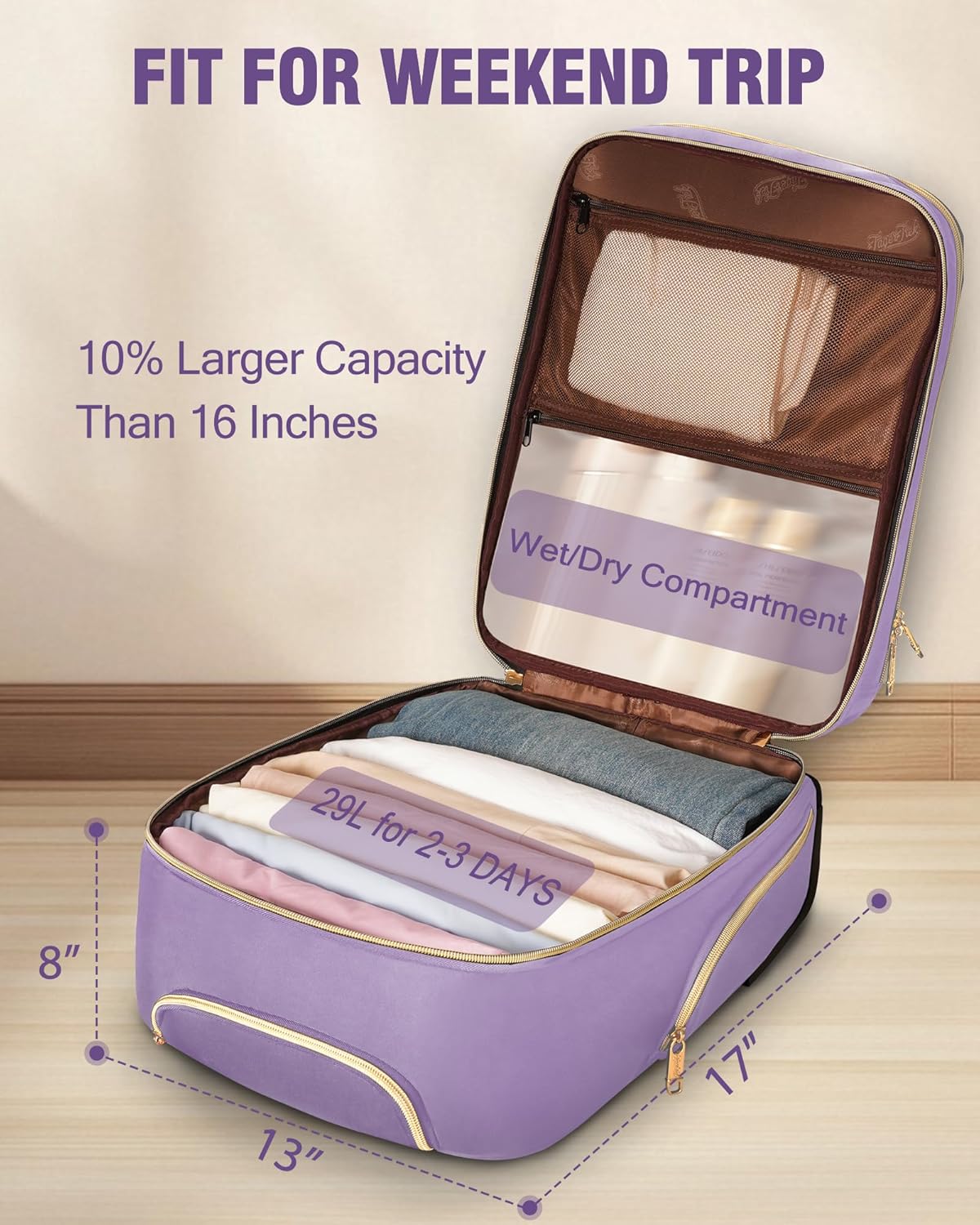 Underseat Carry On Luggage with Wheels, Airline Approved Personal Item Suitcase with Multiple Compartments, Lightweight Softside Under Seat Carry-on Suitcases for Women Travel Business, Purple