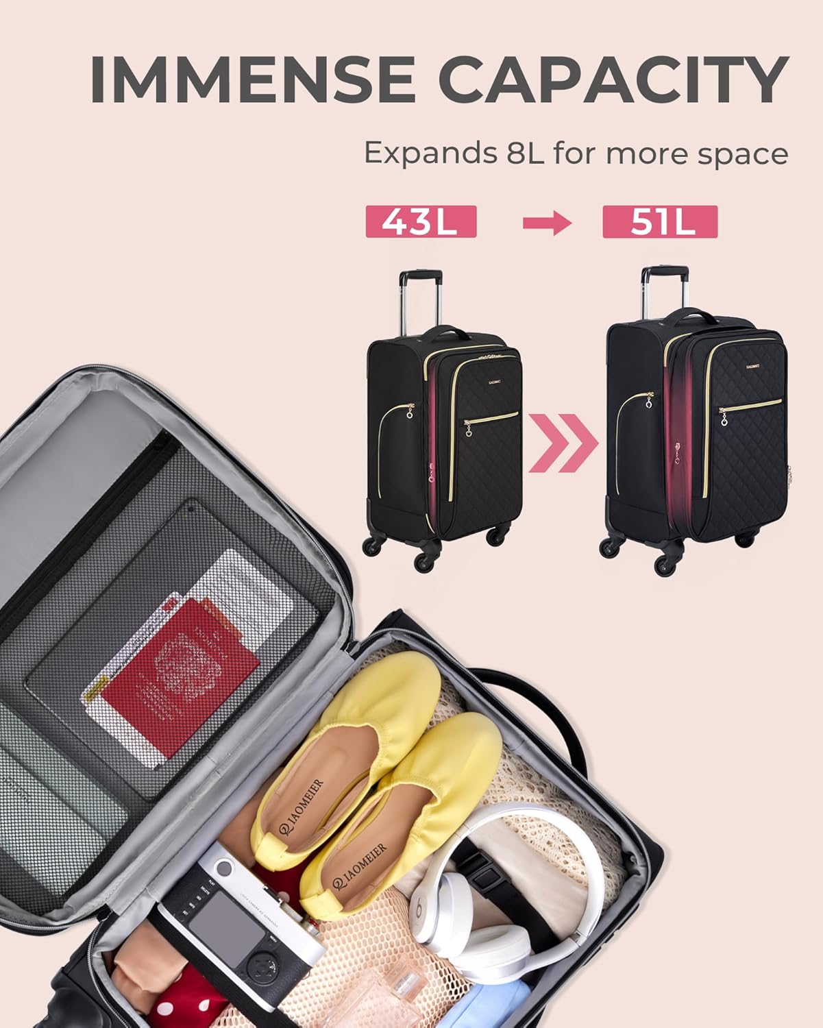 BAGSMART Carry On Luggage 20 Inch, Expandable Suitcase, Luggage with Duffel Luggage Airline Approved Rolling Softside Suitcases Women Men, Carry-On Black Square Quilted