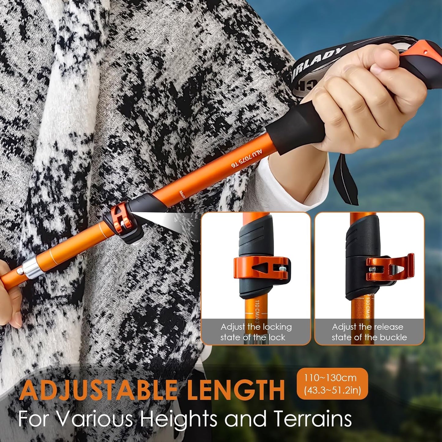 Collapsible Trekking Pole,7075 Aluminum Adjustable 43.3"-51.2" Hiking Pole, Quick-Lock Design,Walking Sticks for Hiking/Camping/Travel (Matte Orange)