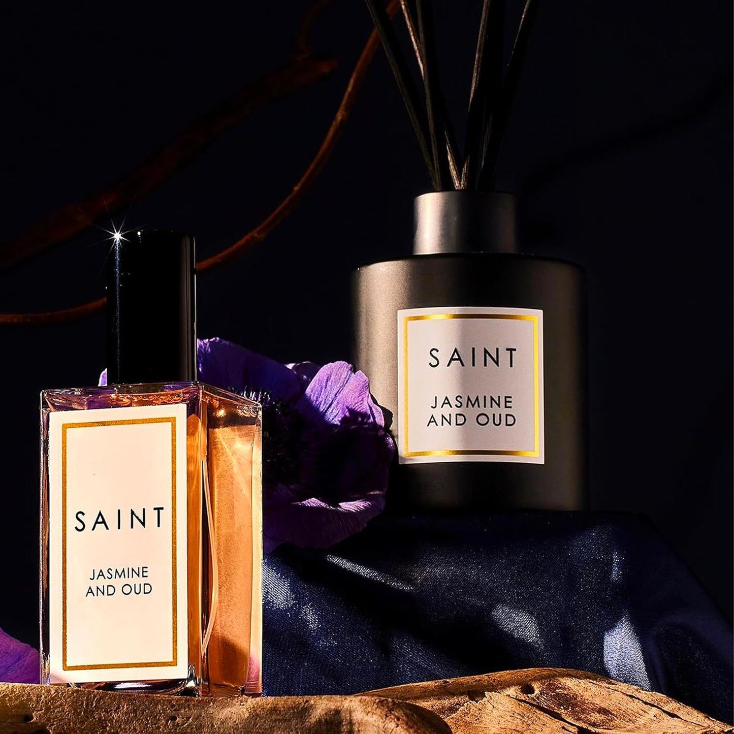 SAINT Reed Diffuser, Aromatherapy Diffuser Set with Scent Diffuser Sticks, Long-Lasting Oil Diffuser in Matte Black Glass Jar, Aroma Diffuser for Home, Bedroom, or Bathroom, 5oz, Jasmine and Oud