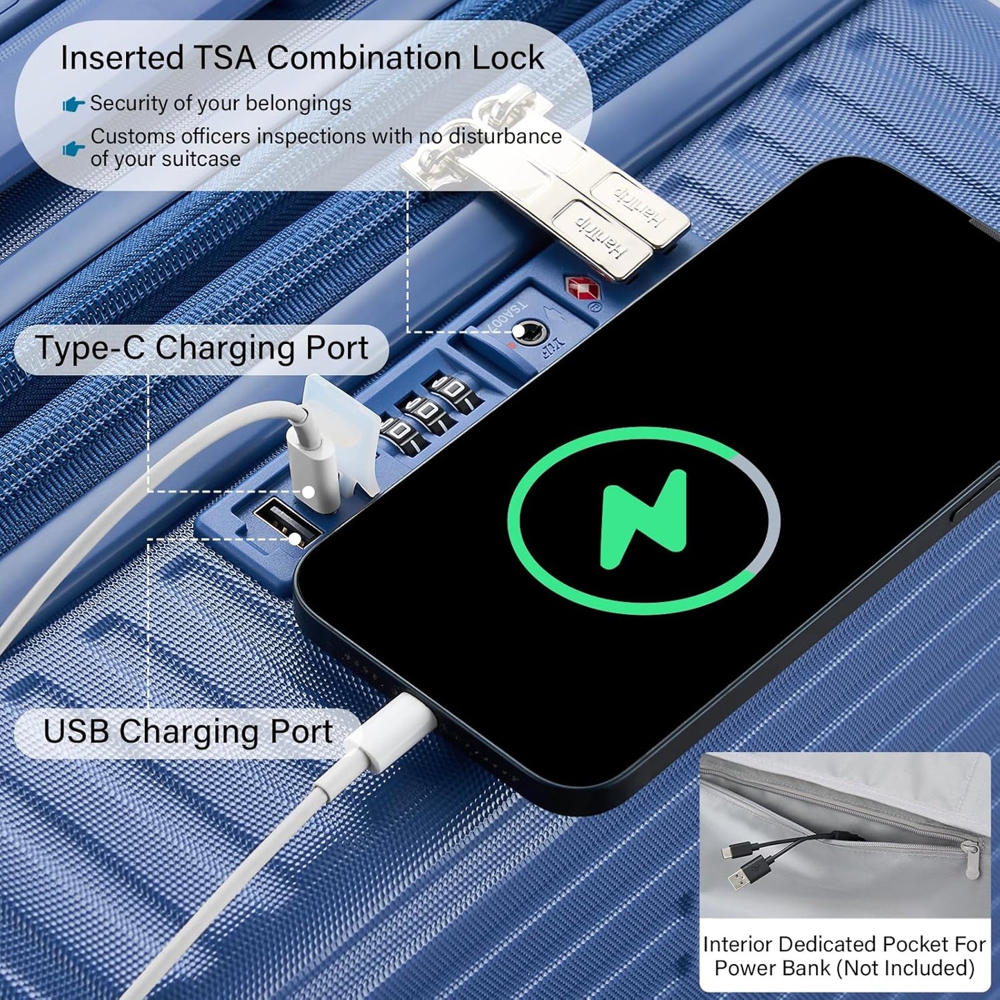 Hard Shell Suitcases Expandable Travel Luggage Sets 2 Piece, Carry on and Check in Luggage Lightweight Suitcase Set 2 Piece with Wheels Cup Holder Charger Built in (Interstellar Blue, 20/28)
