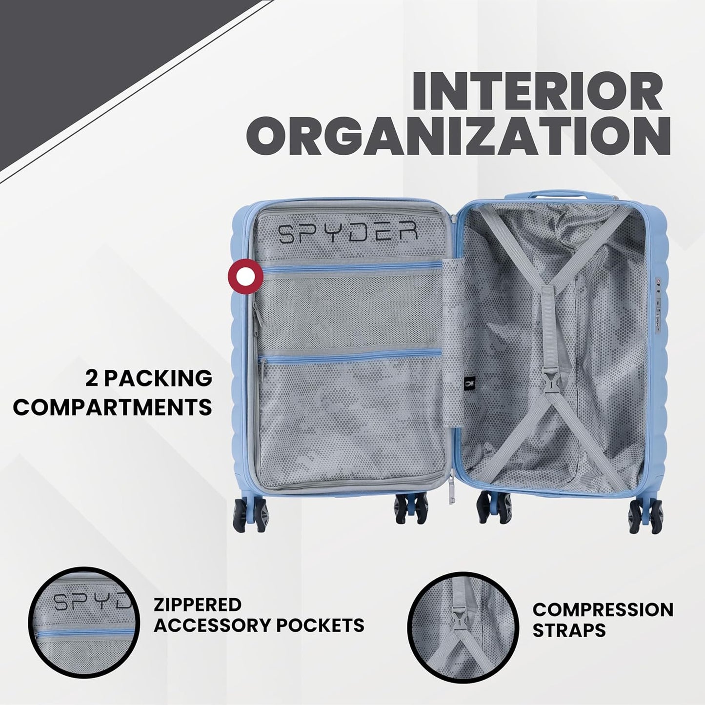 Spyder 20" Hardside Carry-On Luggage, Durable Lightweight Hardshell Suitcase with 360° Spinner Wheels, Expandable for up to 20% More Space, TSA Approved Lock, Blue Drift