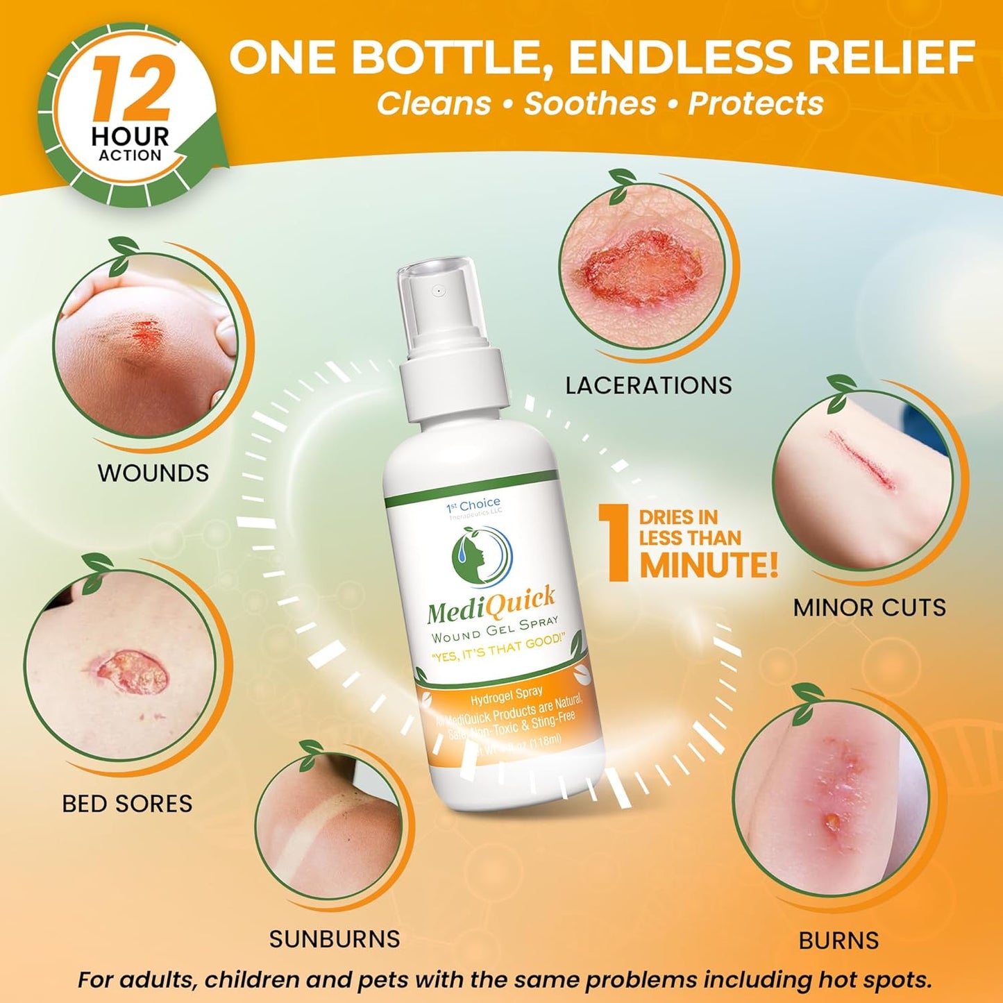 MediQuick Skin & Wound Repair First Aid Spray Gel 4 Fl Oz - Antiseptic Spray for Burns & Cuts with 12 Hour Action - Helps Heal Acne Rash Eczema Itch Bites & More - Safe Wound Wash with No Sting