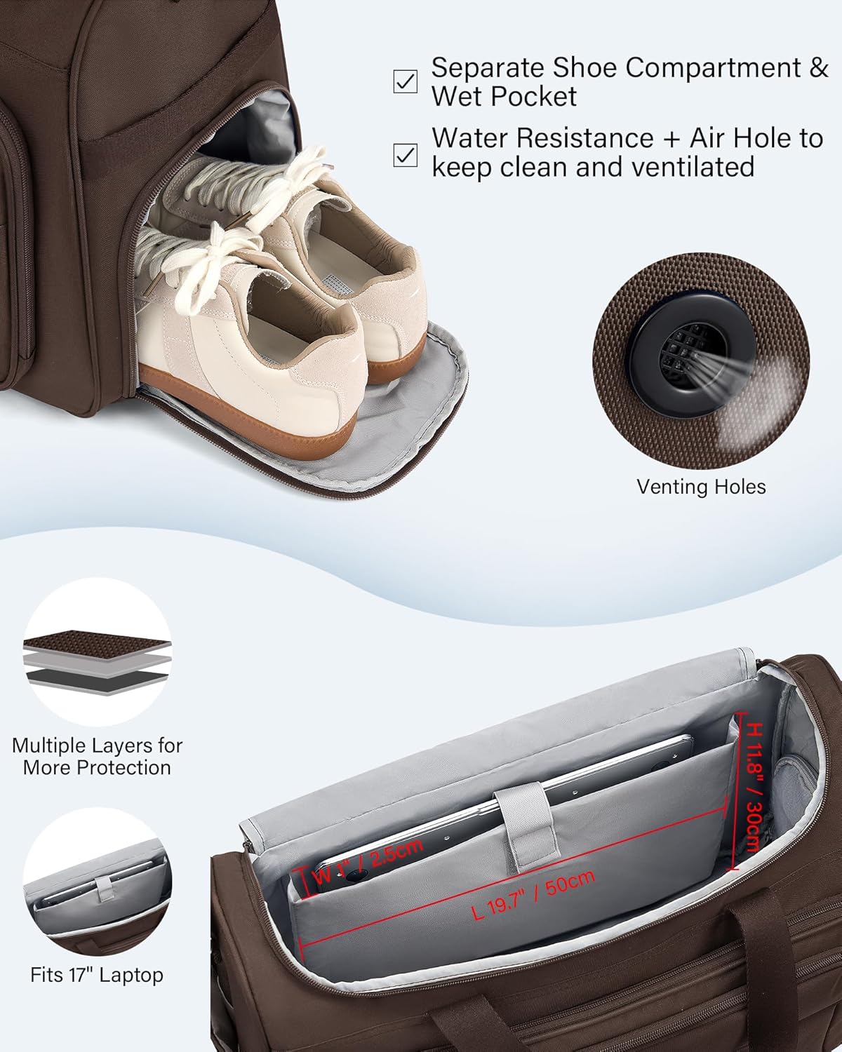 Carry on Duffel Bag Foldable Duffle Bags for Travel, Large Personal Item Bags for Airplanes, Weekender Overnight Mens Travel Tote Bag for Women Softside Carry on Luggage (Coffee)