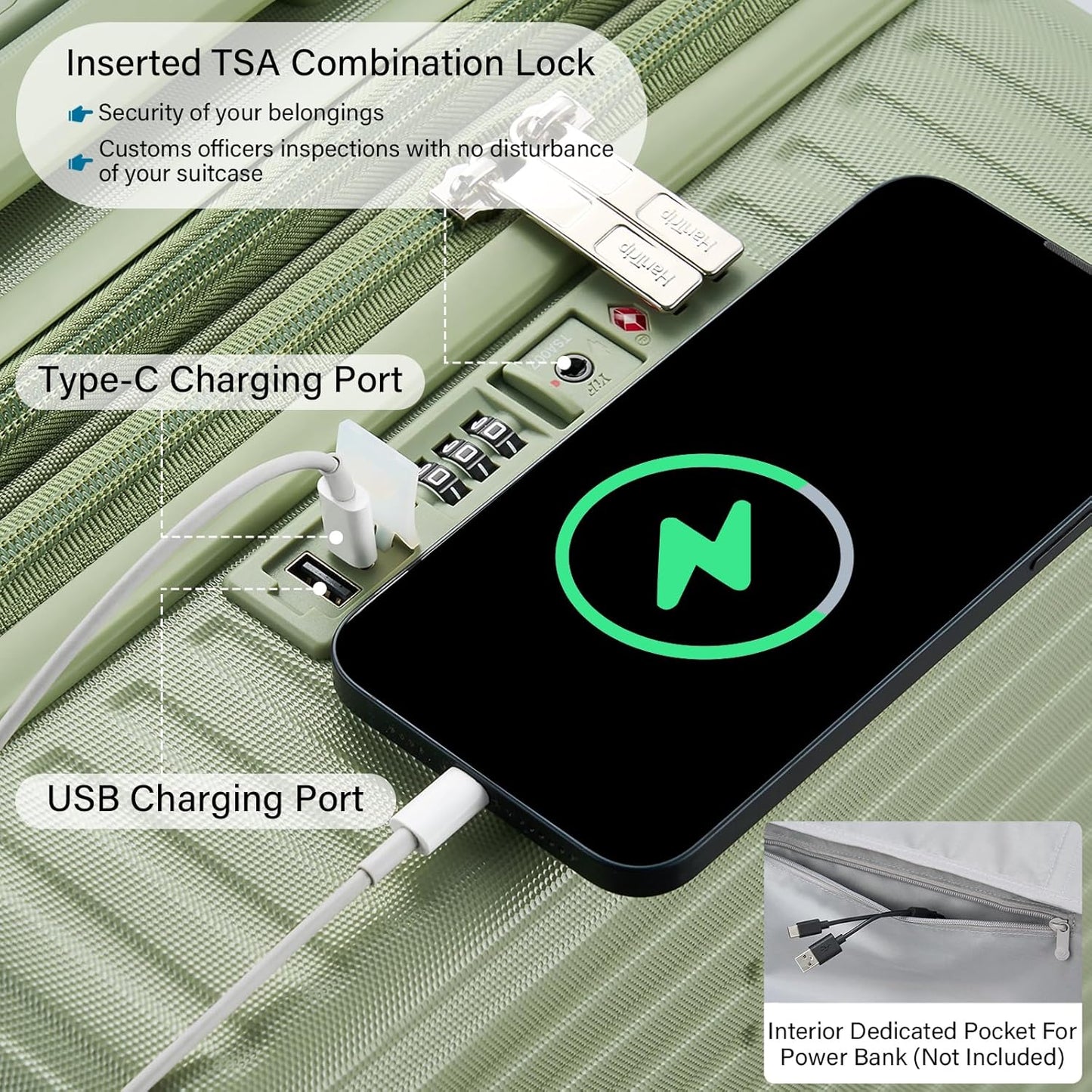 Hard Shell Suitcases Expandable Travel Luggage Sets 2 Piece, Carry on and Check in Luggage Lightweight Suitcase Set 2 Piece with Wheels Cup Holder Charger Built in (Bamboo Green, 20/28)