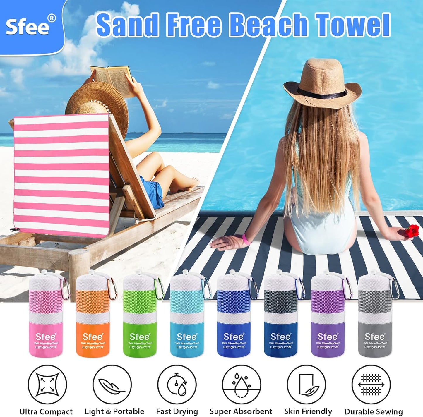 Sfee 2 in 1 Microfiber Beach Towel, Quick Dry Towel Camping Towel Travel Towel Super Absorbent Compact Lightweight Sports Gym Towels Set for Beach, Gym, Hiking, Pool, Backpacking, Bath, Yoga