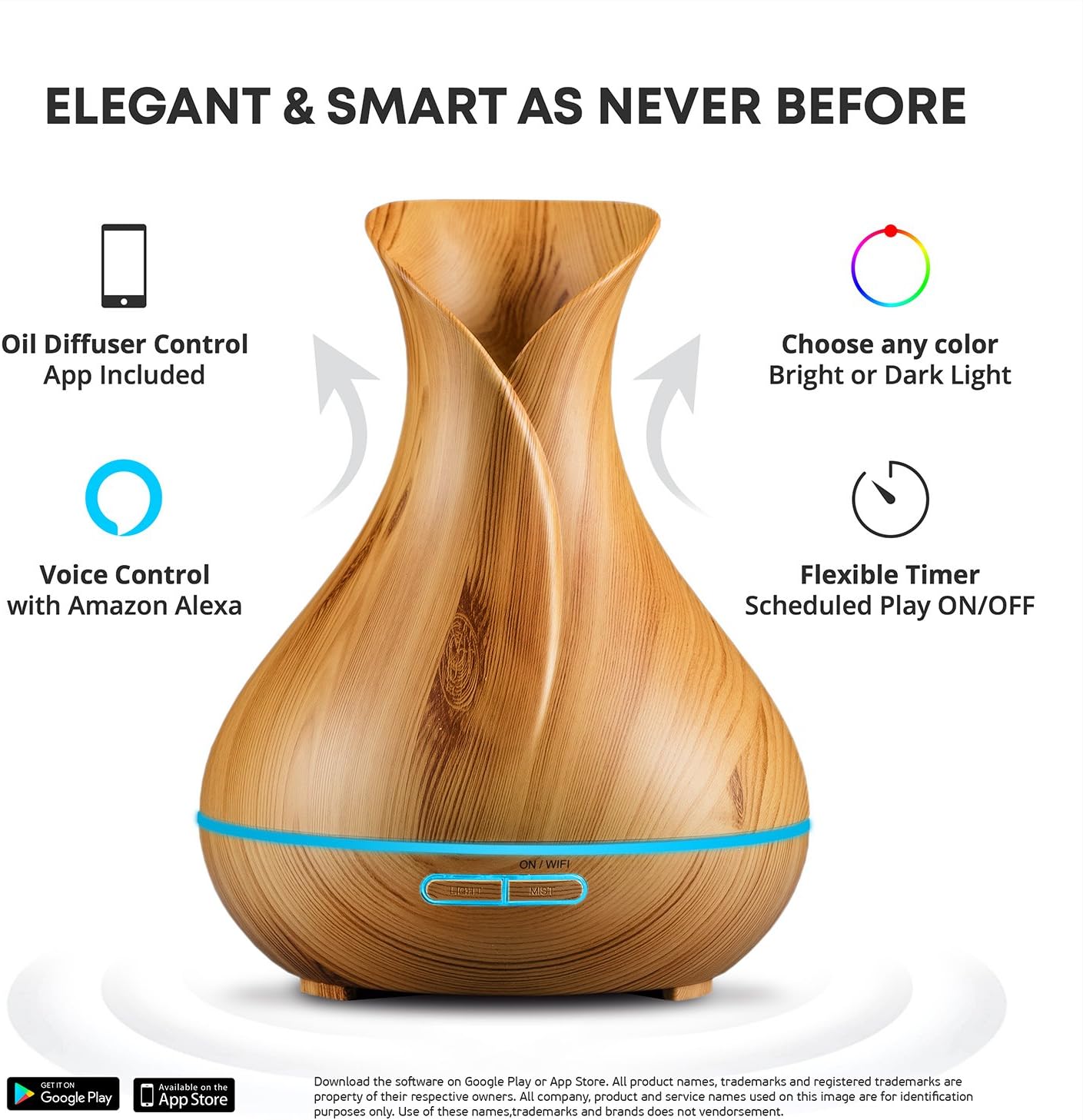 Smart WiFi Wireless Essential Oil Aromatherapy Diffuser - Works with Alexa & Google Home – Phone App & Voice Control - 400ml Ultrasonic Diffuser & Humidifier - LED & Timer Settings