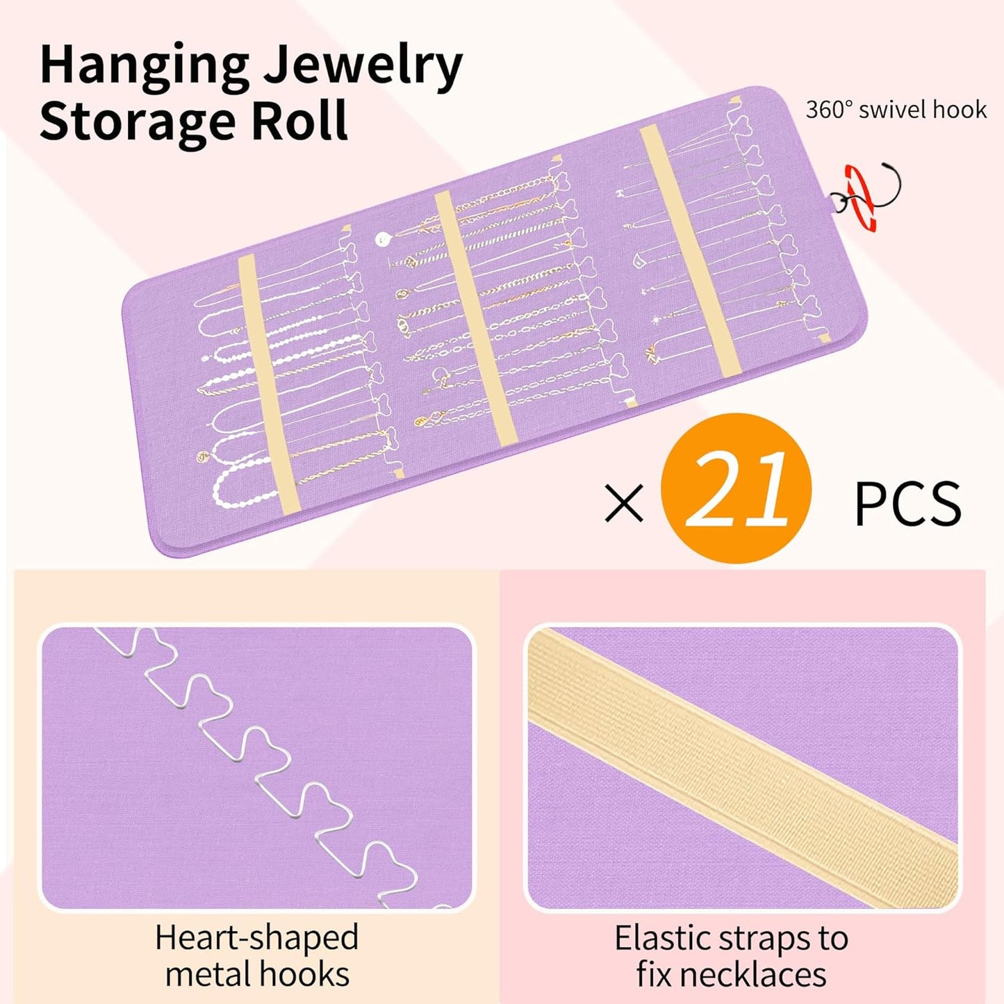 Bloss Hanging Jewelry Organizer with 48 Pockets, Mothers Day Gifts Double-Size Hanging Jewelry Holder with Hanger Hooks, Jewelry Organizers and Storage for Earrings, Necklaces and Rings, Purple