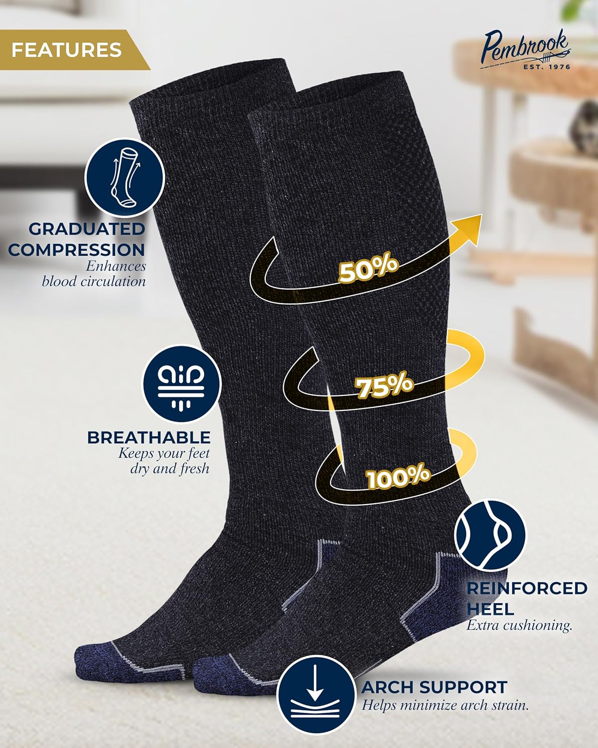 Pembrook Light Compression Socks for Men - 3 Pairs | 8-15 mmhg Compression Dress Socks for Men | Support Socks for Men