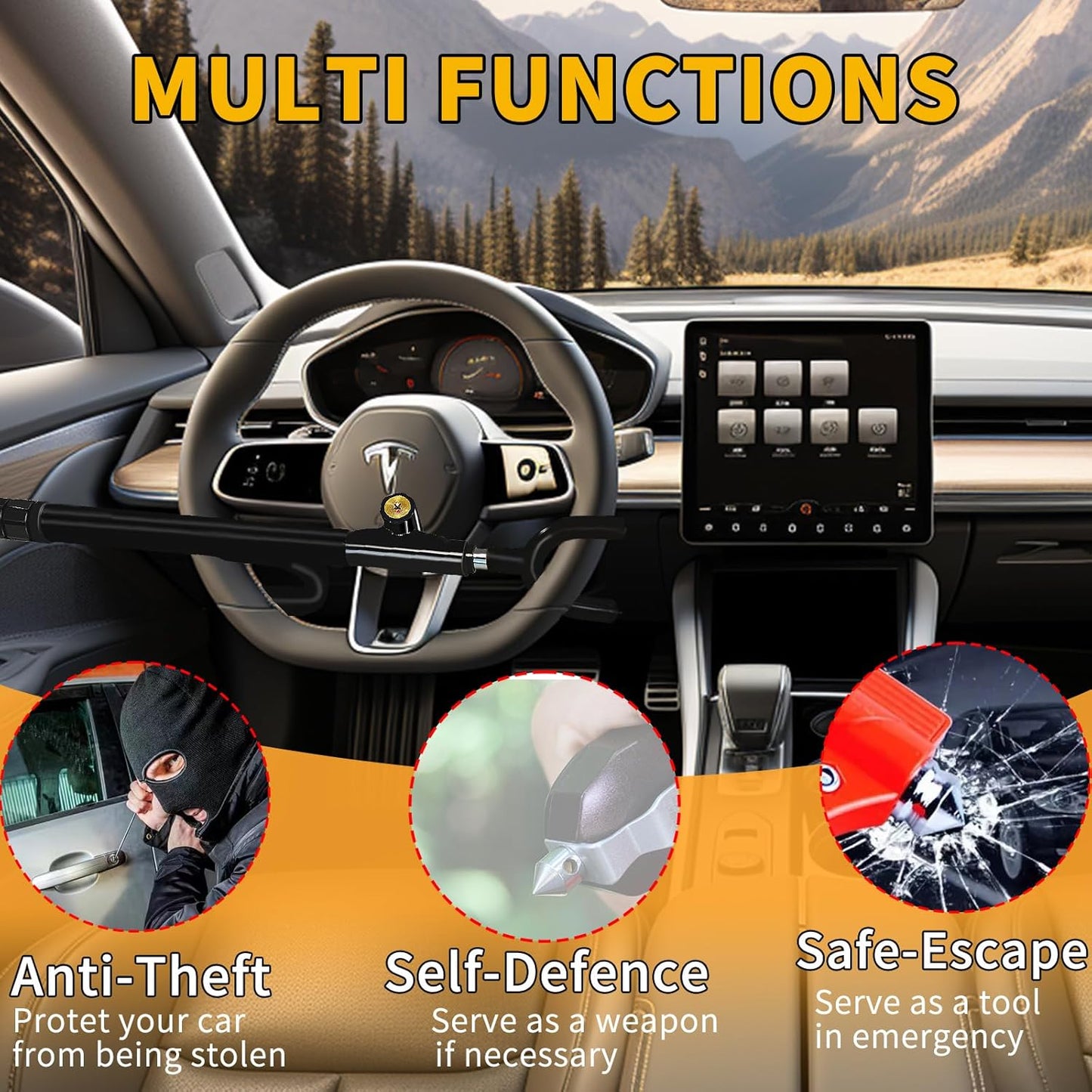 Steering Wheel Lock,Heavy Duty Anti-Theft Car Device,Adjustable Length Locking with 3 Keys Universal Fit for Cars Trucks Vans and SUVs (Black)