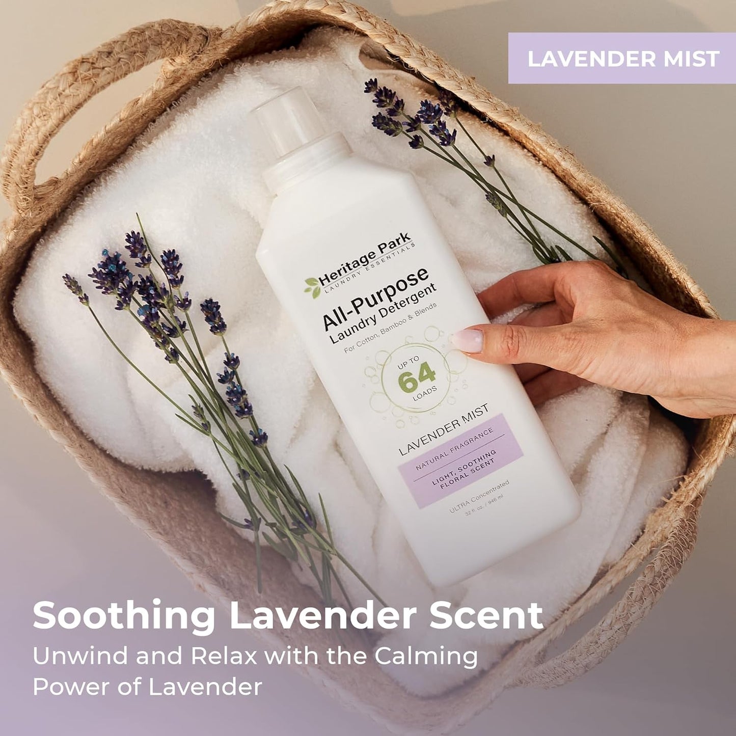 Heritage Park Luxury Laundry Detergent | Dermatologist Tested Plant based Natural & Enzyme Laundry Detergent | Sensitive Skin Friendly - Lavender Mist (32 fl oz)