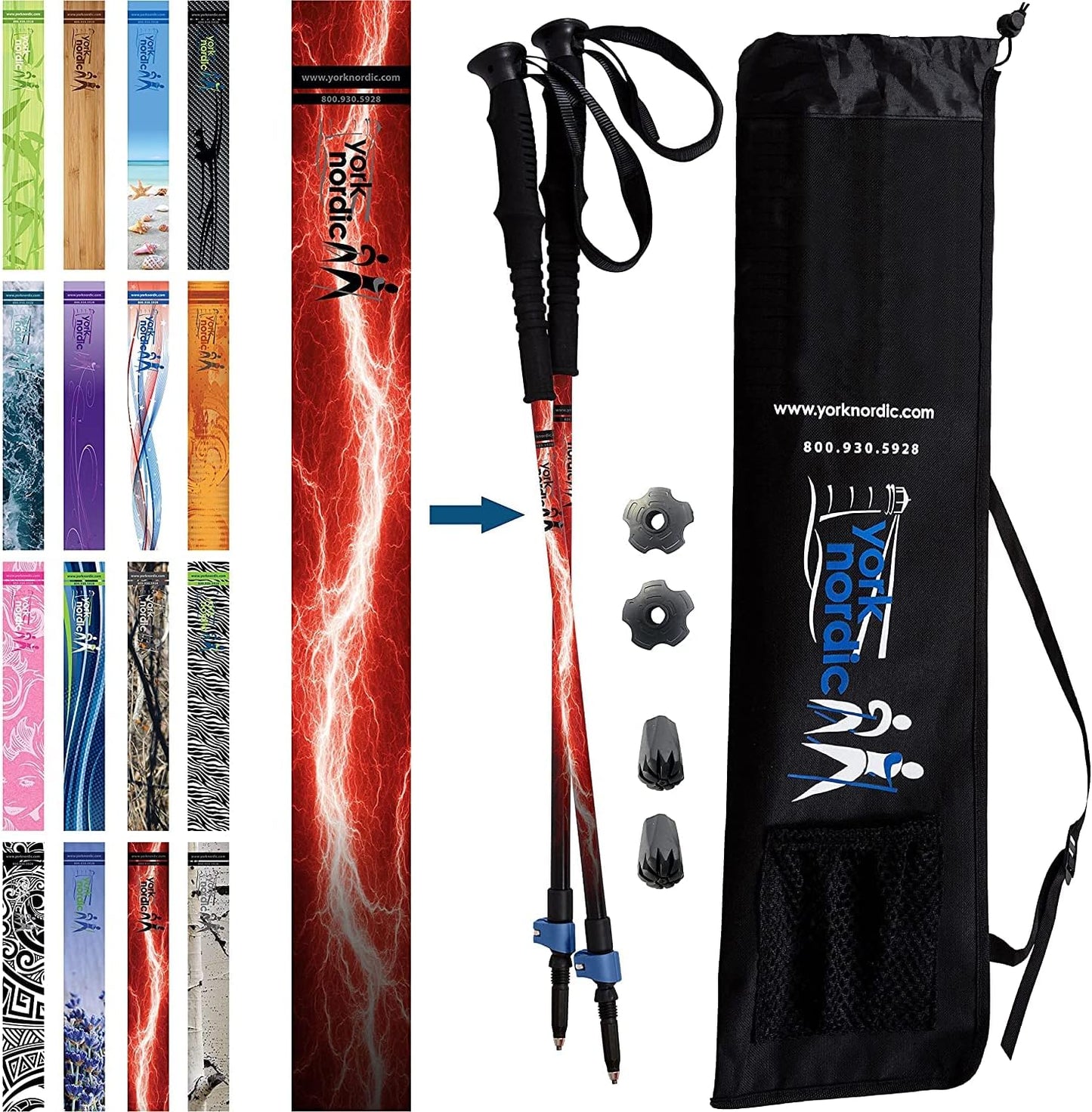 York Nordic Hiking & Walking Poles - Cushion Foam Grips w/Nordic Strap - Lightweight, Adjustable, and Great for Balance -2 Pieces w/Flip Locks, and Travel Bag - Heights 5'4"-6'2"