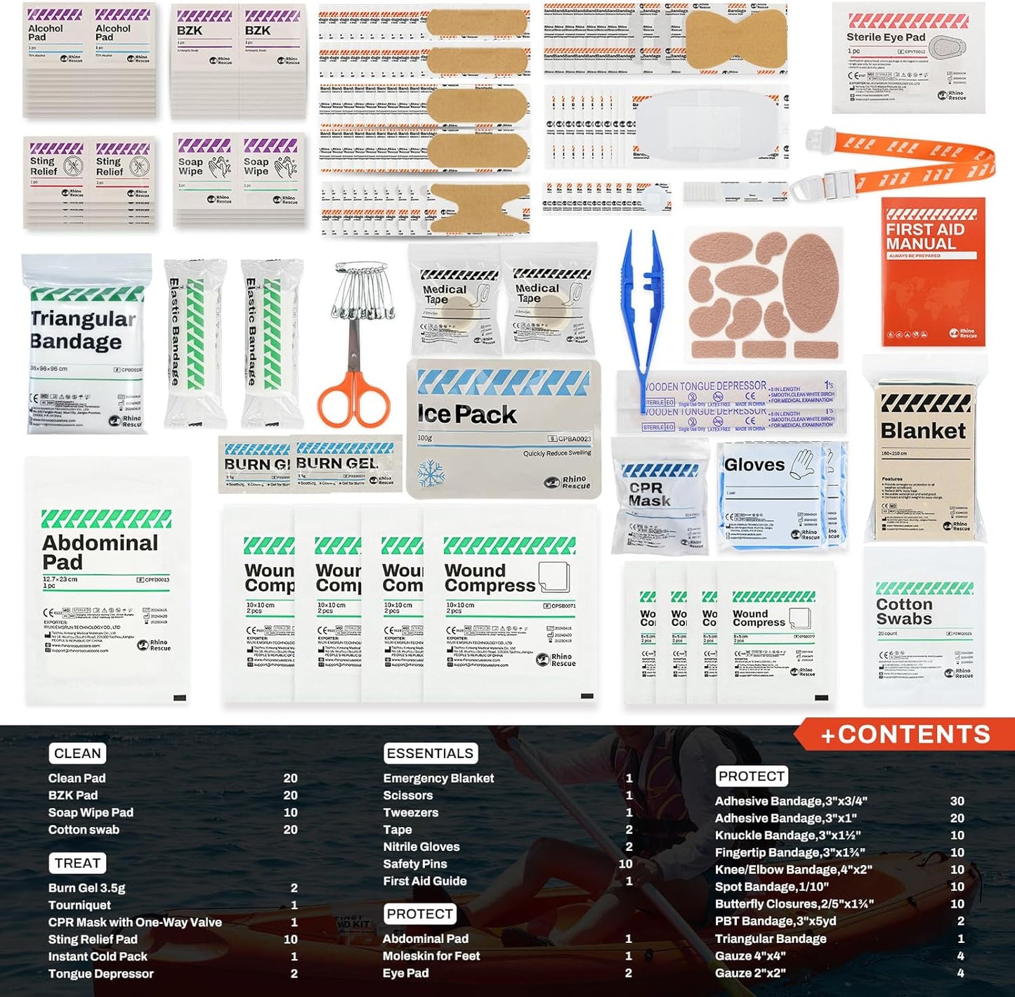 RHINO RESCUE 220 Pieces First Aid Kit Refill Bag, Emergency Extra Replacement Supplies, Includes Medical Bandages, Gauzes & Pads for Home, School & Car